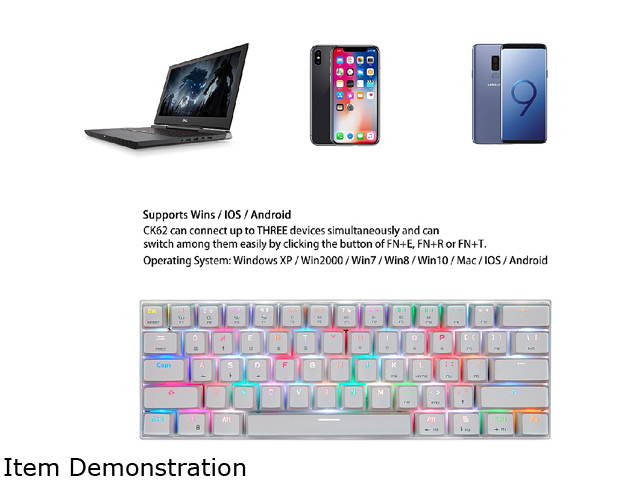 Motospeed CK62 Wireless 60% Mechanical Gaming Keyboard,Ultra-Compact 61 Keys Tenkeyless  Bluetooth/Wired Dual Mode Keyboard, RGB Backlight, Compatible for Multi-Device Connection (Blue Switch, Black)