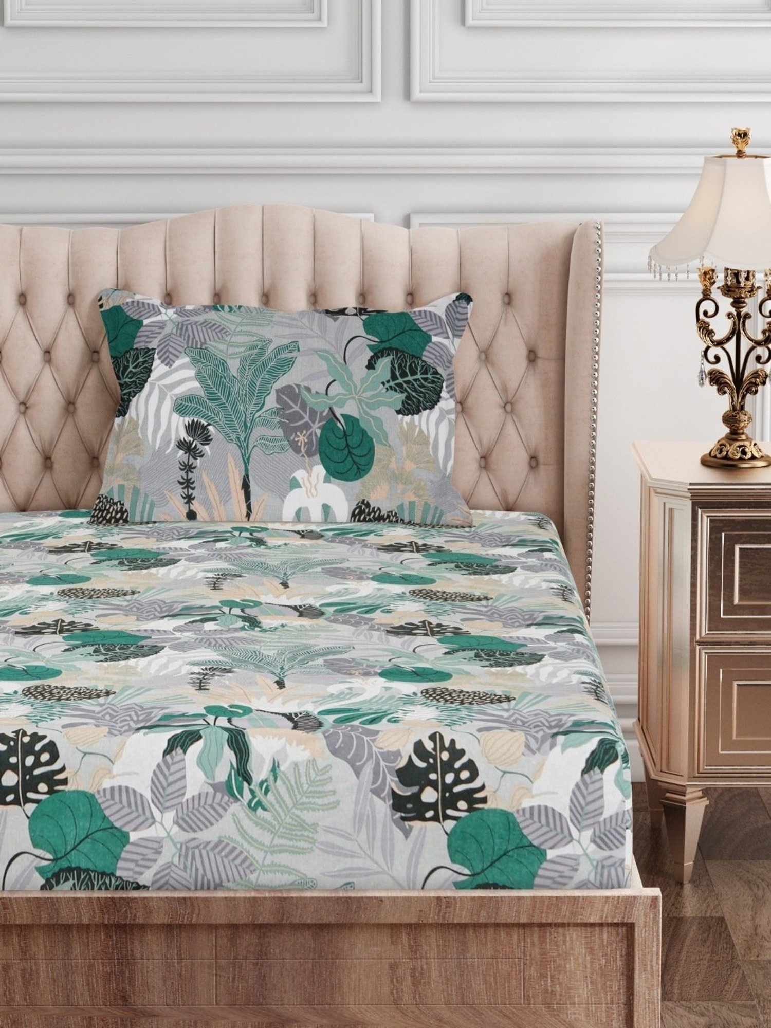 SEJ by Nisha Gupta Floral Green 144 TC Cotton Single Bed Sheet with 1 Pillow Cover