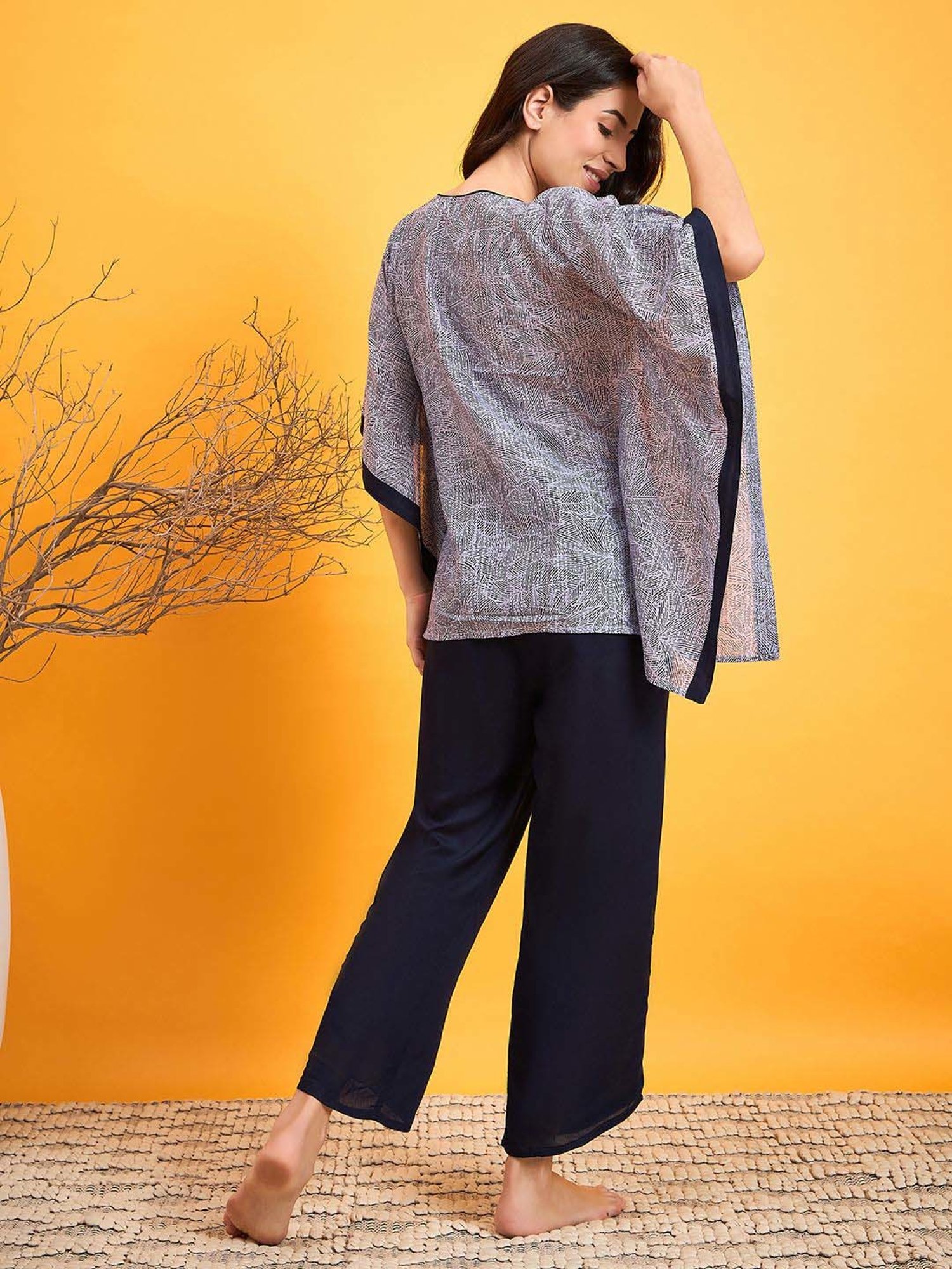 The Kaftan Company Grey Cotton Printed Top Pant Set