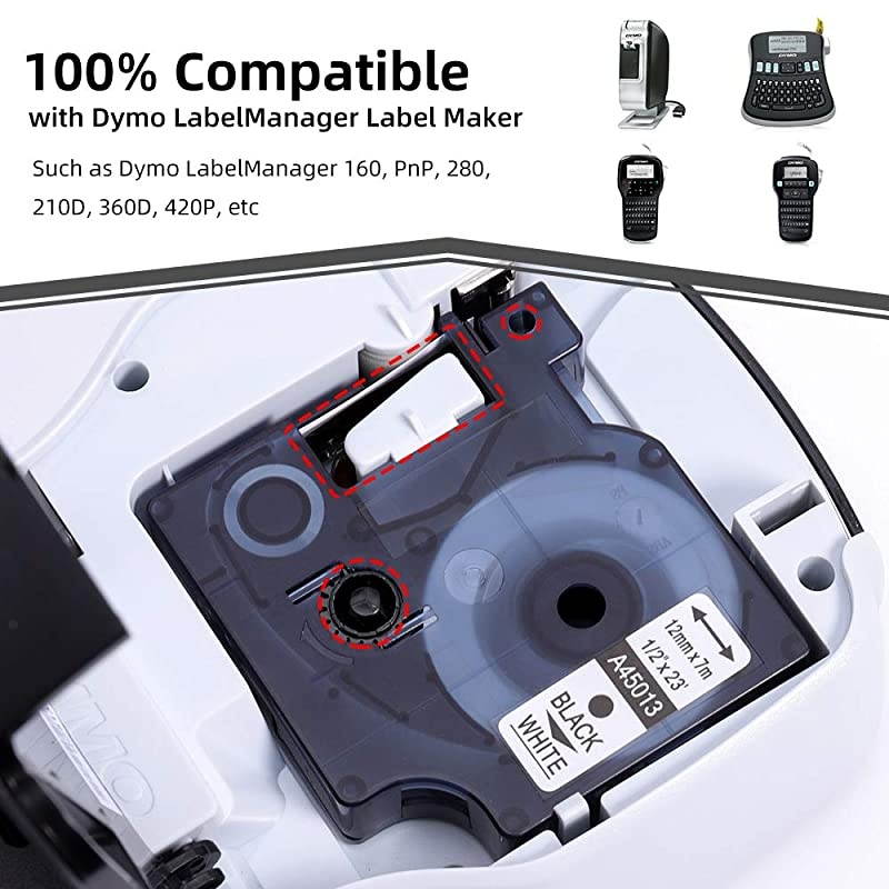 Compatible Label Tape Replacement for Dymo D1 45013 S0720530 Label Tape for Dymo LabelManager 160 Label Maker 12 inch x 23 ft Black on White Labeling Tape 6 Pack