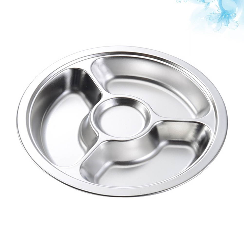 1Pc Sub-Grid Plate 4-grid Plate for Food Stainless Steel Meal Plate Plate Round Food Plate (Silver)