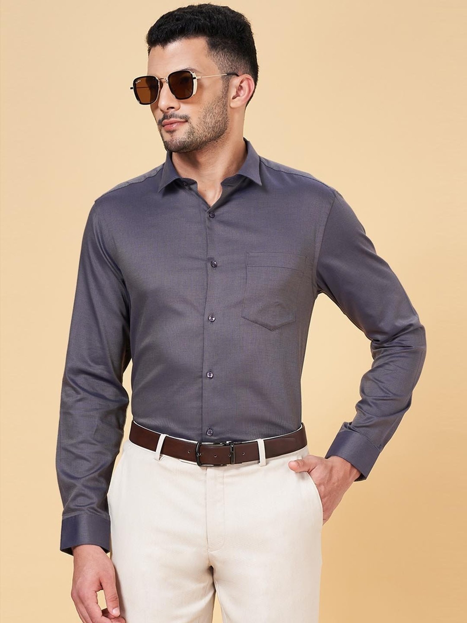 Peregrine by Pantaloons Purple Brown Cotton Slim Fit Self Pattern Shirt