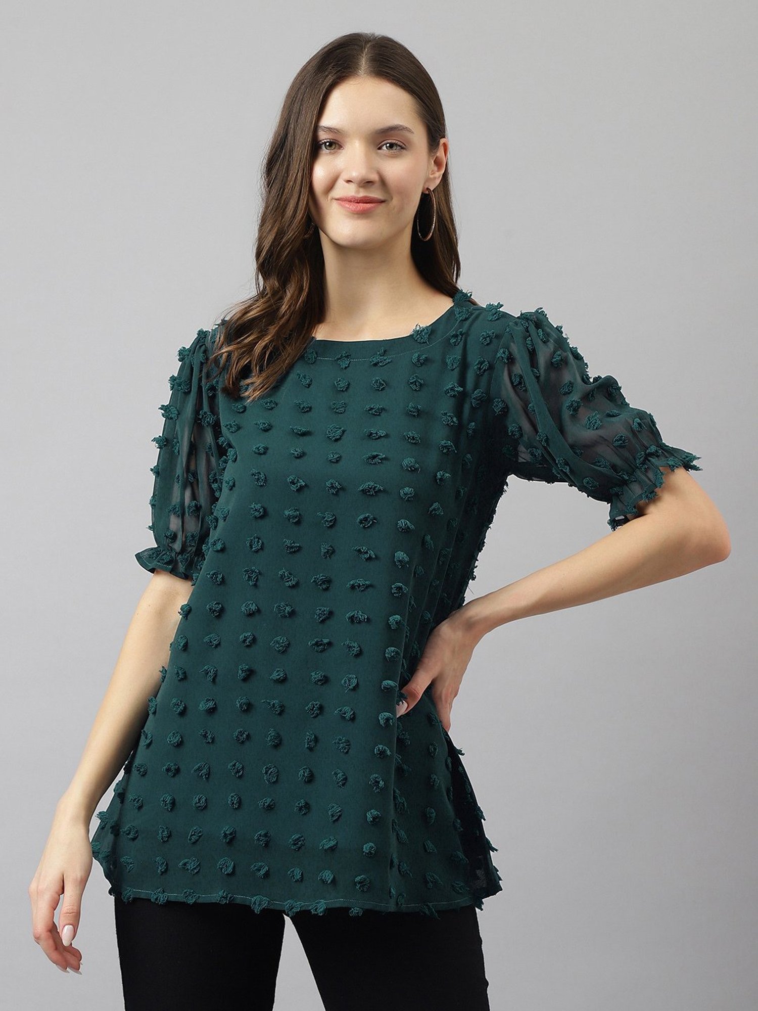 KERI PERRY Teal Self Design Top