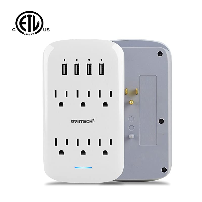 6 Outlet Extender with 4 USB Charging Ports42A TotalWall Mount Outlet Plugs 900 Joules Wall Surge Protector And Top Phone HolderETL ListedWhite