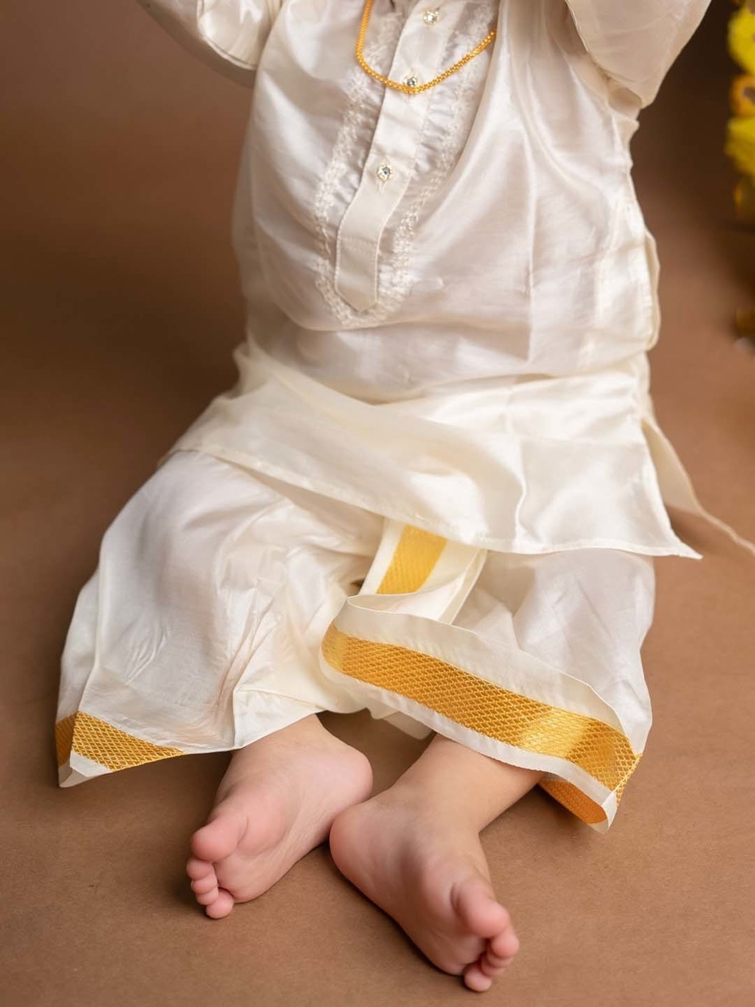 Baby Moo Kids Cream & Yellow Regular Fit Full Sleeves Kurta Set
