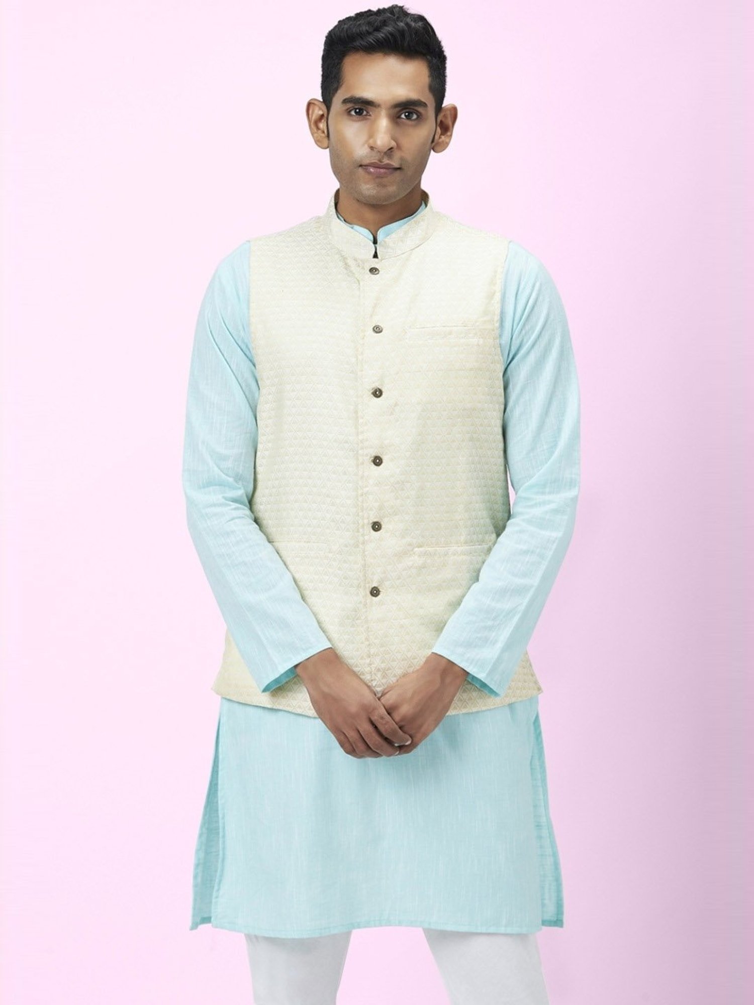 Indus Route By Pantaloons Off White Regular Fit Self Pattern Nehru Jacket