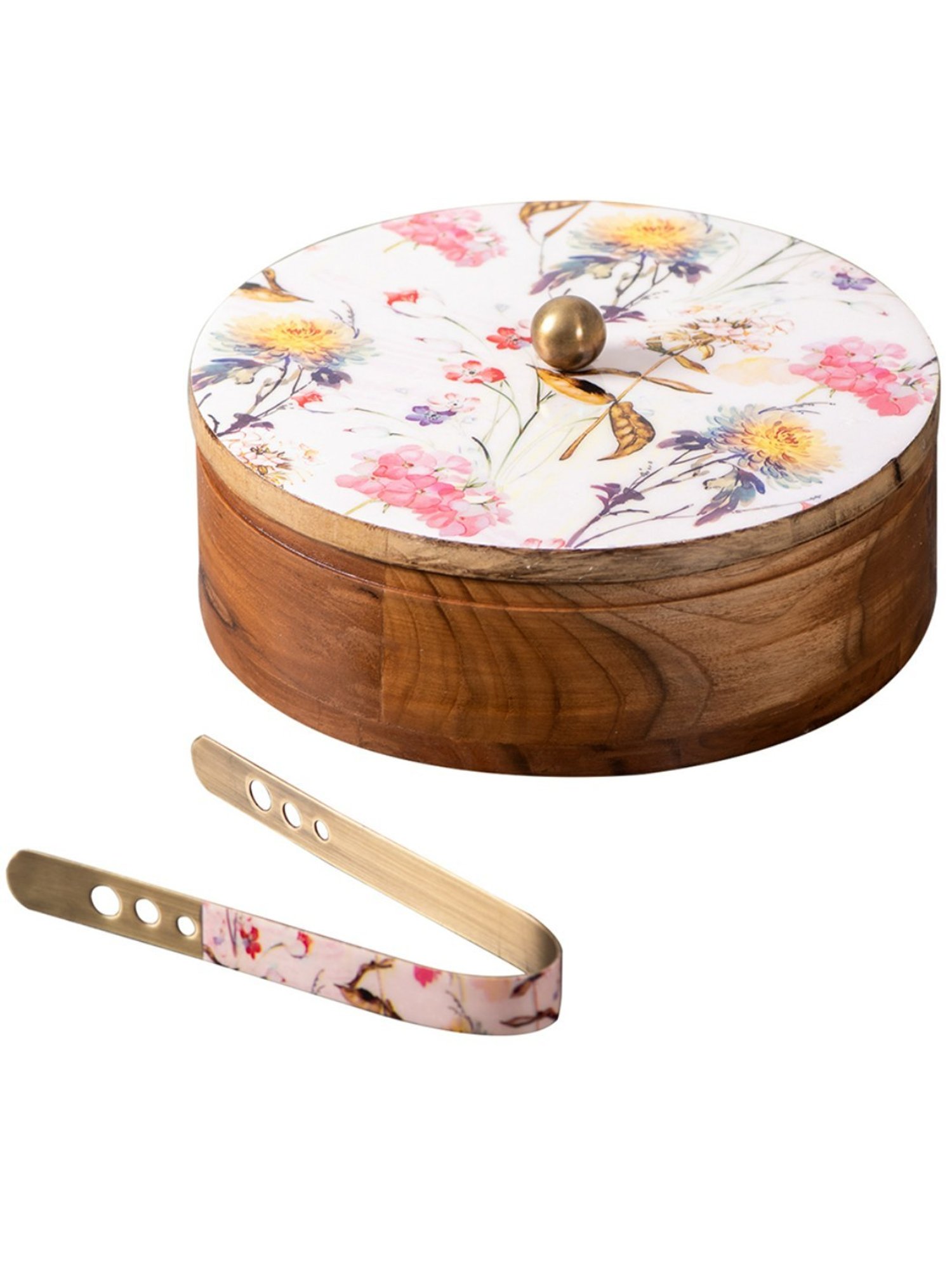 Nestroots White Wooden Casserole Box Chapati Box Food Warmer hotpot roti Box with Printed lid & Tong