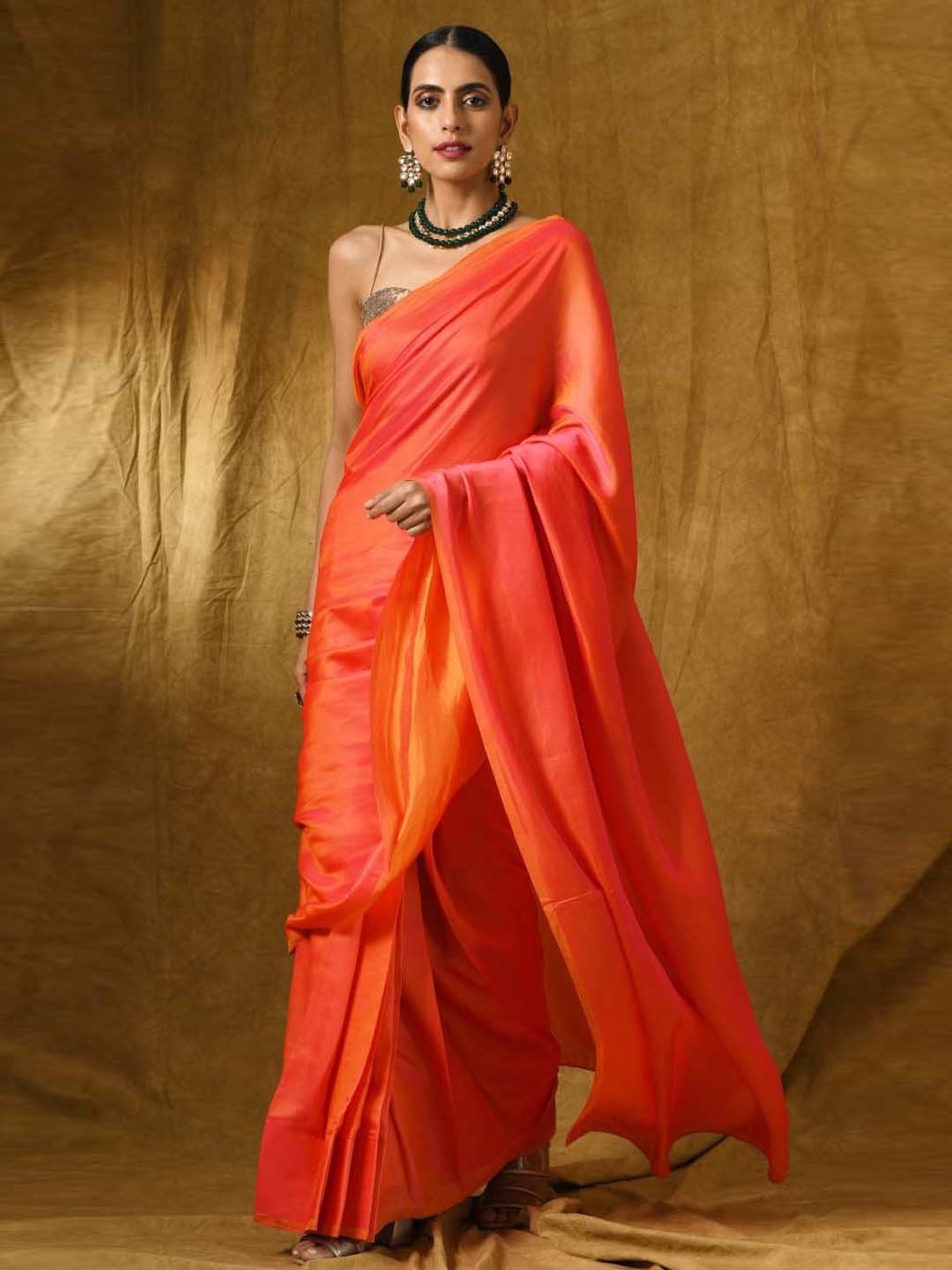 Swtantra Pink & Orange Satin Saree