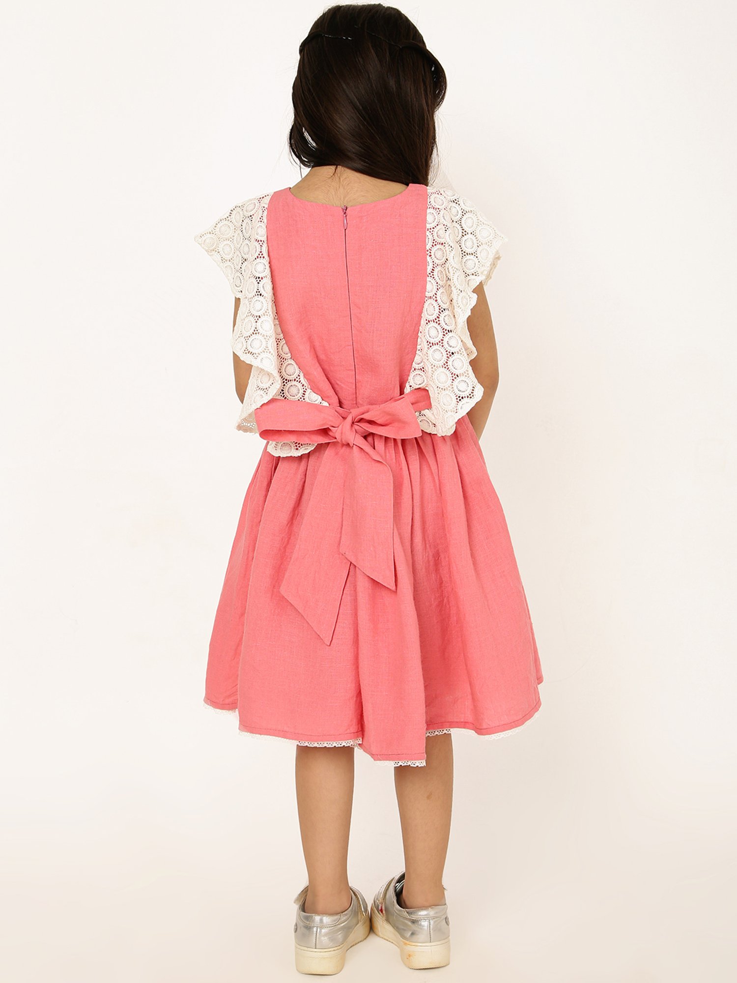 A Little Fable Girls Coral & White Self Design Dress