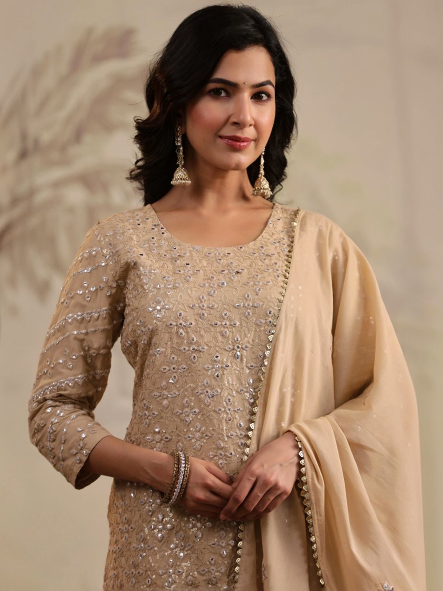 SCAKHI Beige Cotton Embroidered Kurti Sharara Set With Dupatta