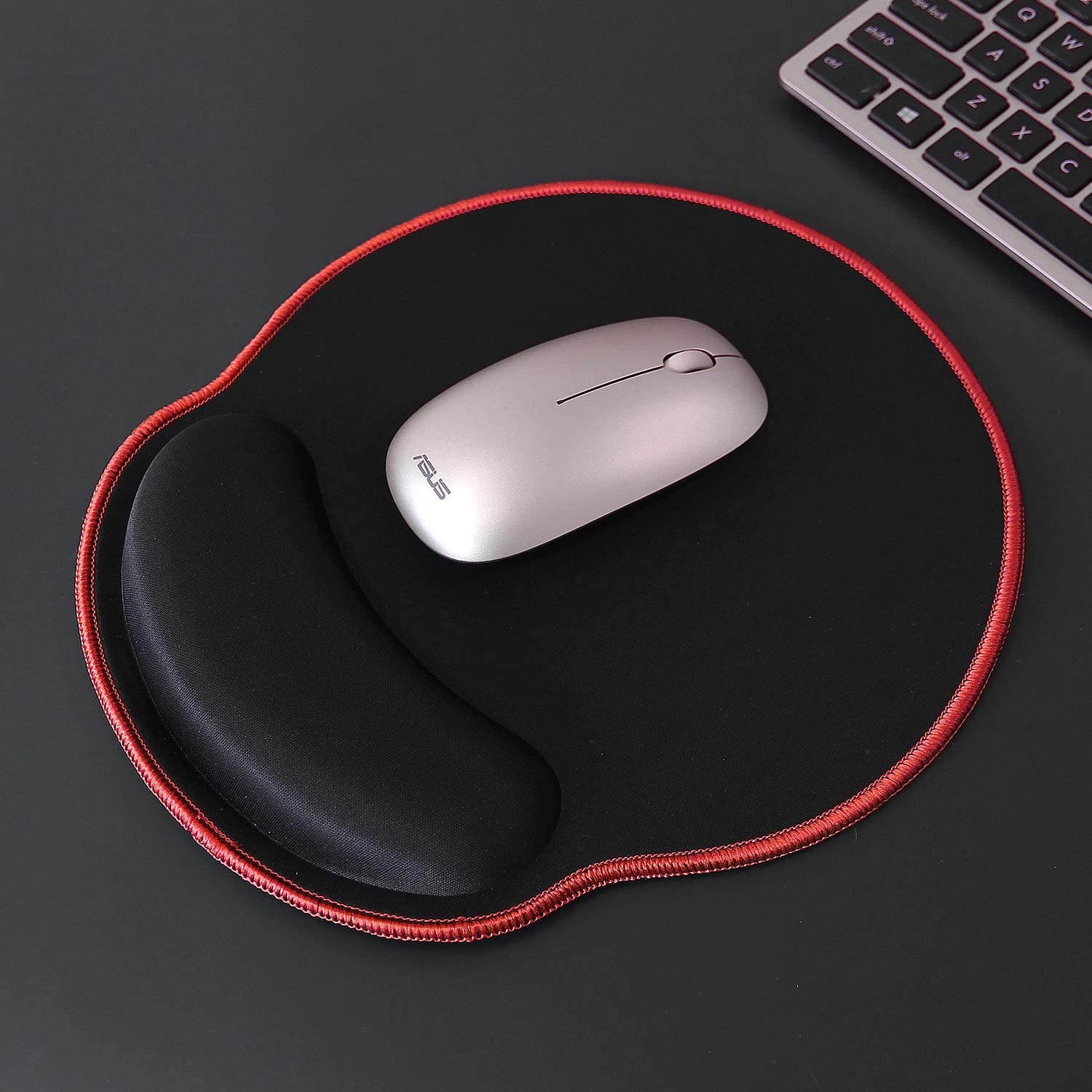 Meffort Inc Mouse Pad with Wrist Rest Support & Stitched Edges, Durable Ergonomic Gaming Mousepad - Black with Red Edges