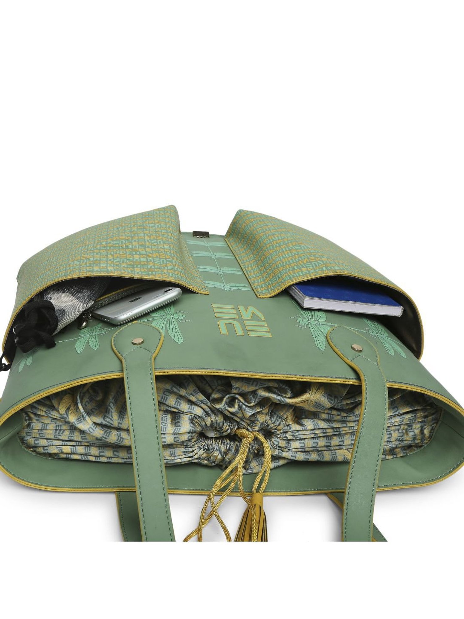 Eume Dragonfly Basil Green Leather Printed Shoulder Handbag