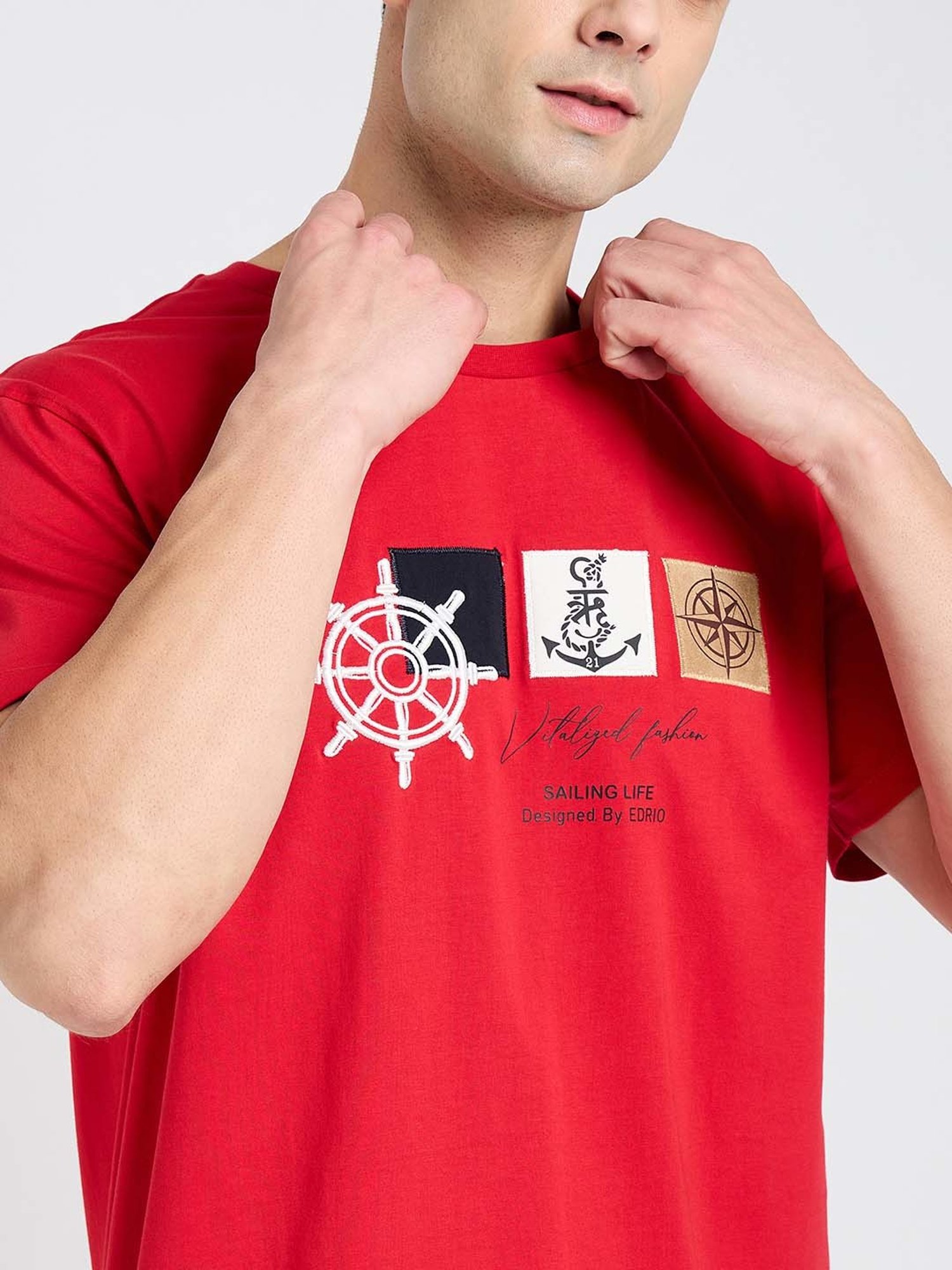 EDRIO Red Regular Fit Printed Crew T-Shirt