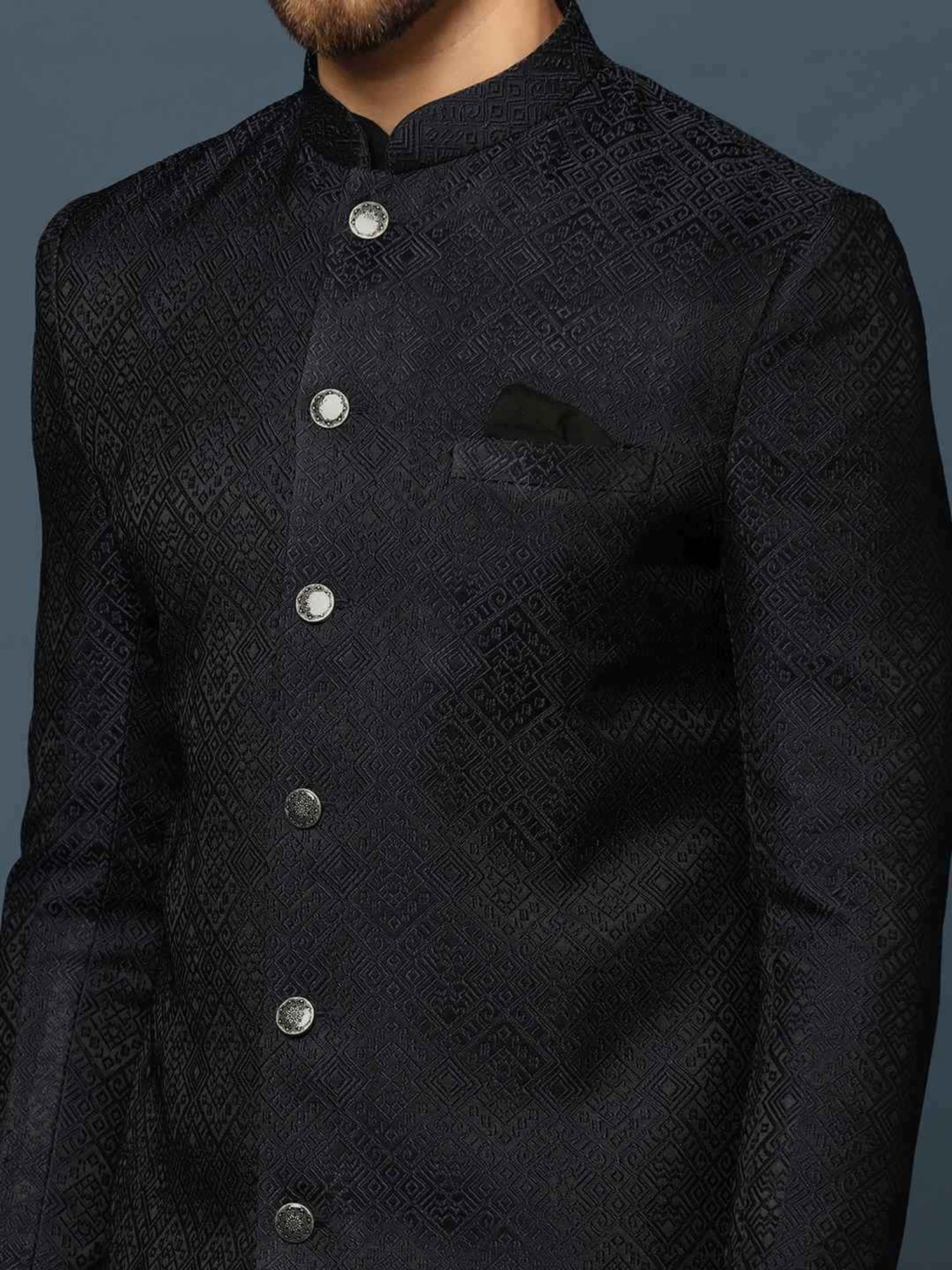 KISAH Navy Cotton Regular Fit Self Pattern Sherwani Set