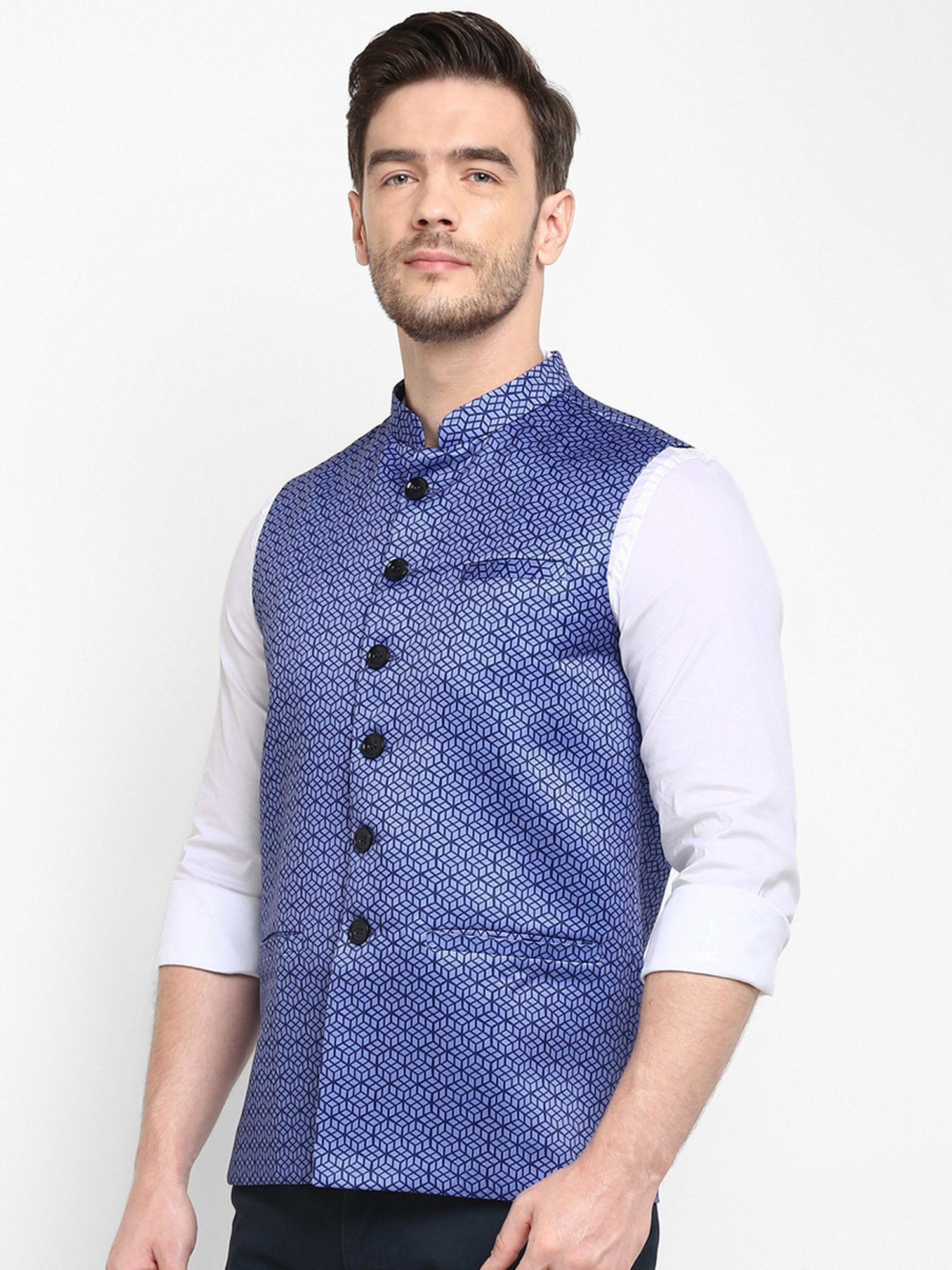 Hangup Plus Indigo Regular Fit Printed Nehru Jacket