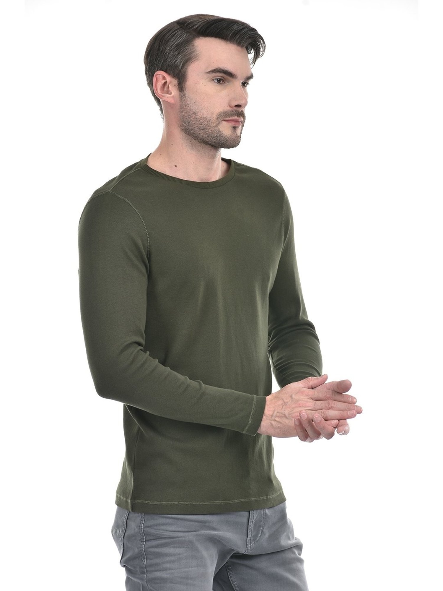 NUMERO UNO Olive Slim Fit Solid Round Neck Brushed Fleece T-Shirt