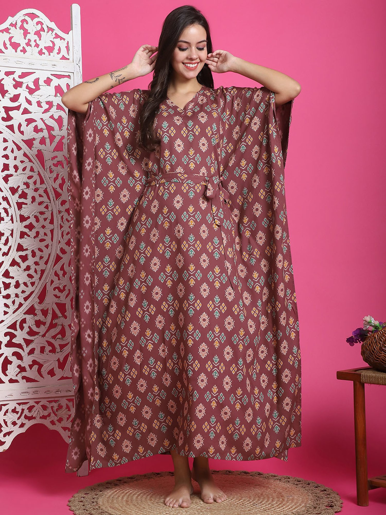 Boston Club Mauve Printed Kaftan Night Dress