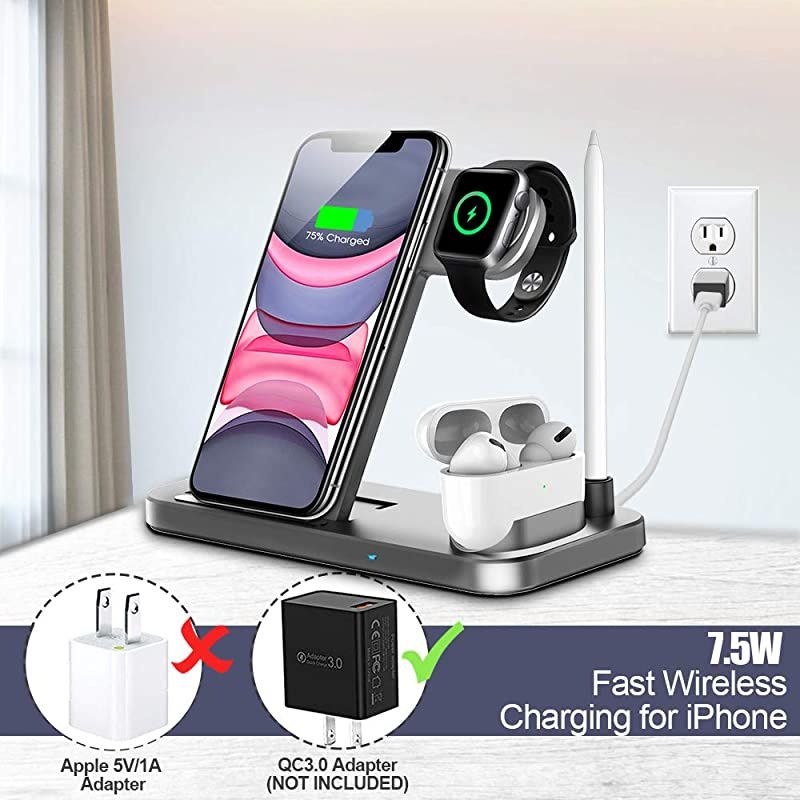Wireless Charger, 4 in 1 Fast Wireless Charging Station Compatible with Apple Watch Airpods Pro iPhone 12/12 Pro/11/11 Pro/8/X, Wireless Charging Stand Compatible with Samsung