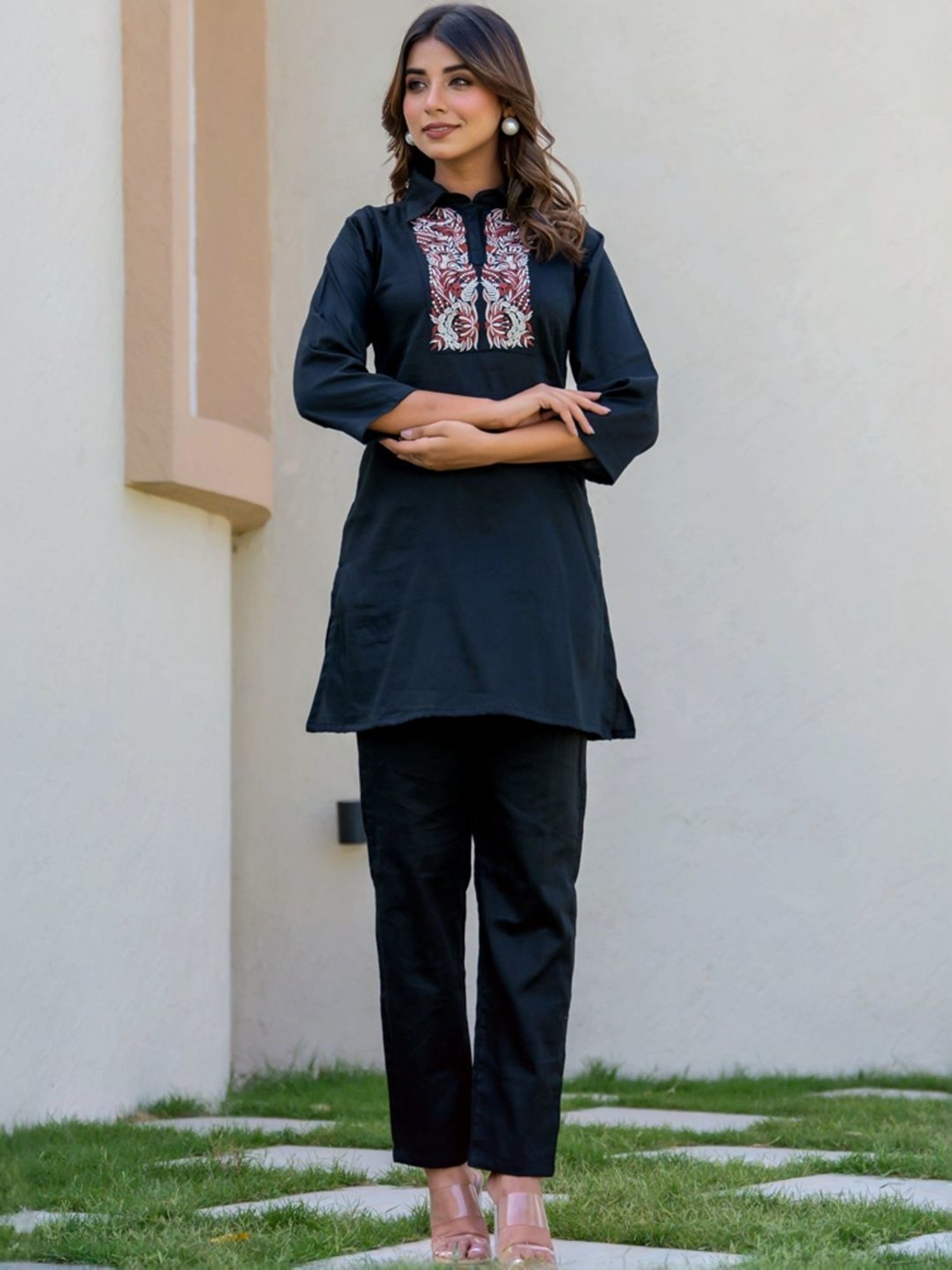 HOUSE OF JAMOTI Black Cotton Embroidered Tunic Pant Set