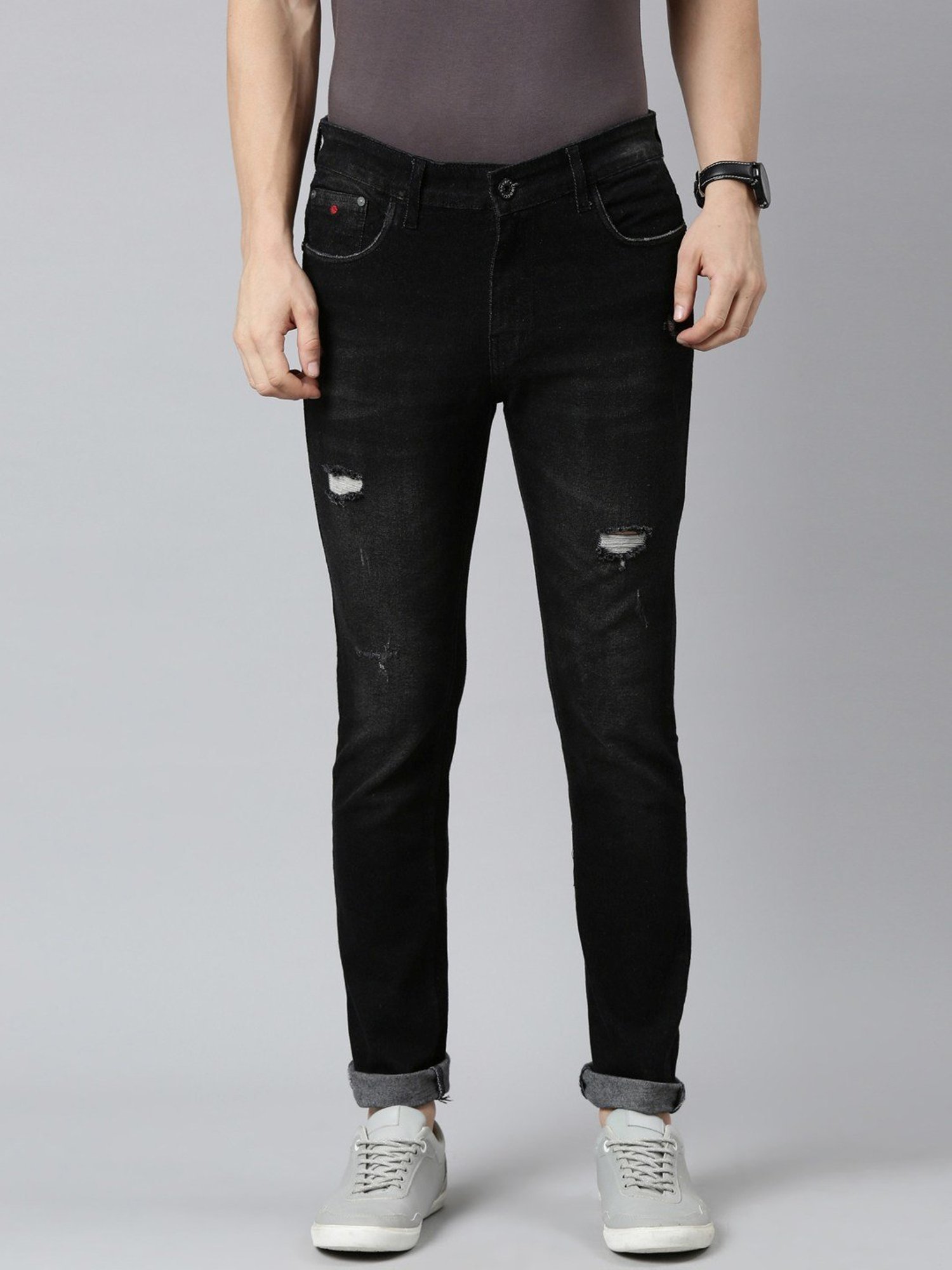 CINOCCI Cool Black Cotton Slim Fit Distressed Jeans