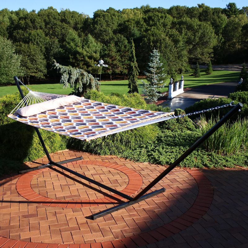 Sunnydaze Outdoor 2-Person Double Polyester Quilted Hammock with Wood Spreader Bar and 15ft Black Steel Stand - Gold and Bronze Quatrefoil