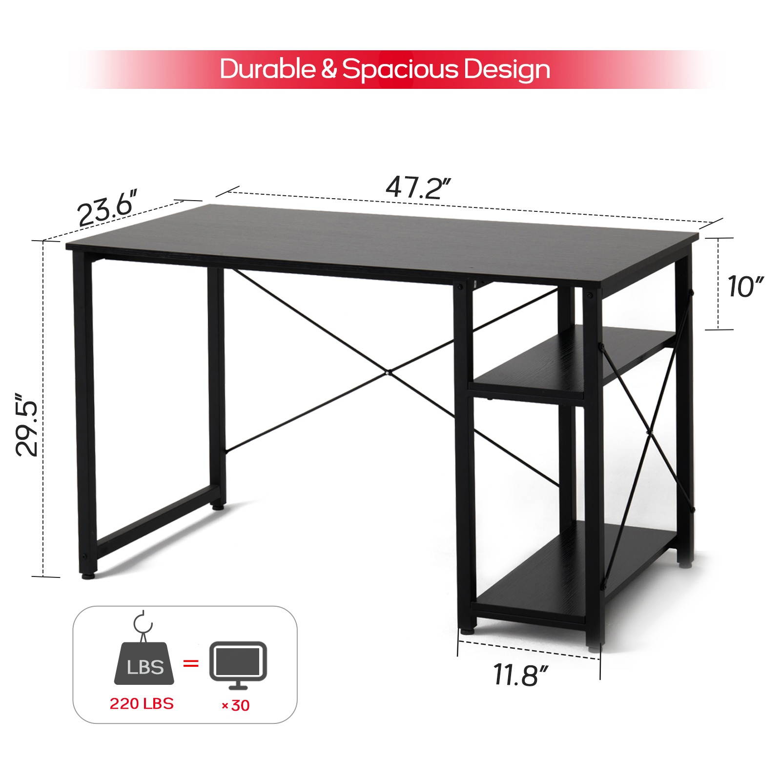 Gome Home Office Computer Desk with Shelves - 47 Inch Large Writing Study Desk with Storage Bookshelf, Modern Simple PC Desk for Small Space, Industrial Work Wood Desk Easy Assemble