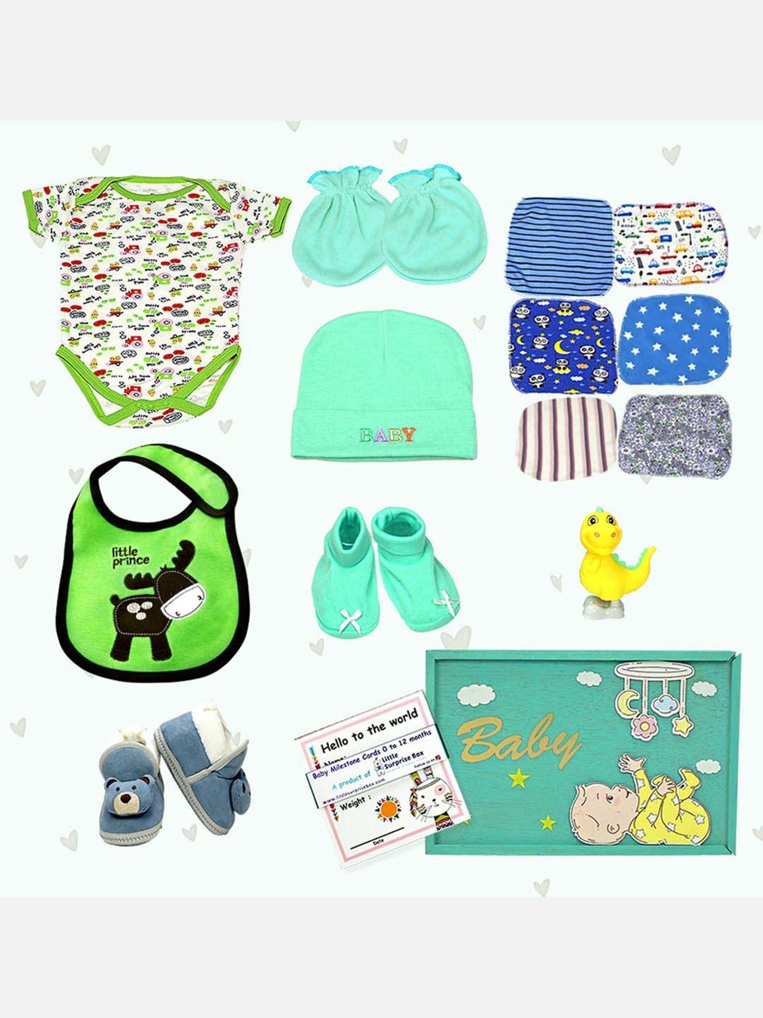 Little Surprise Box Kids Green & White Cotton Printed Full Sleeves Gift Set