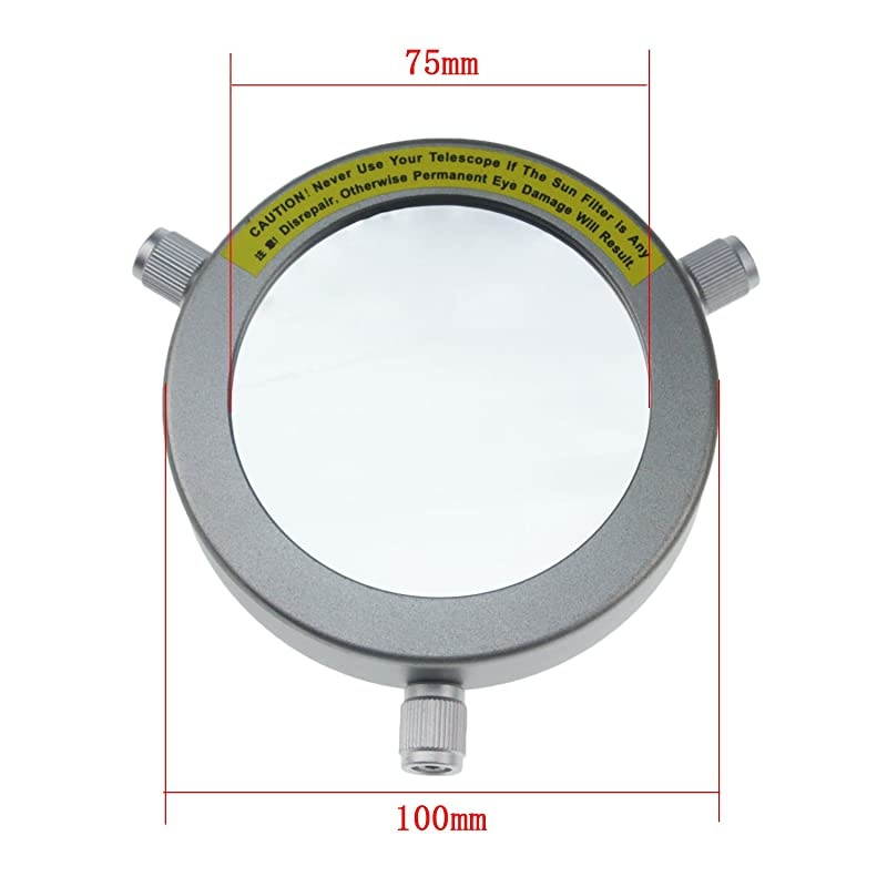 Deluxe Solar Filter 100mm Adjustable Metal Cap for Telescope Tubes with Outer Diameter from 70mm to 92mm Aperture 75mm Immediately Start Solar Observing and Our Sun Becomes Within Reach