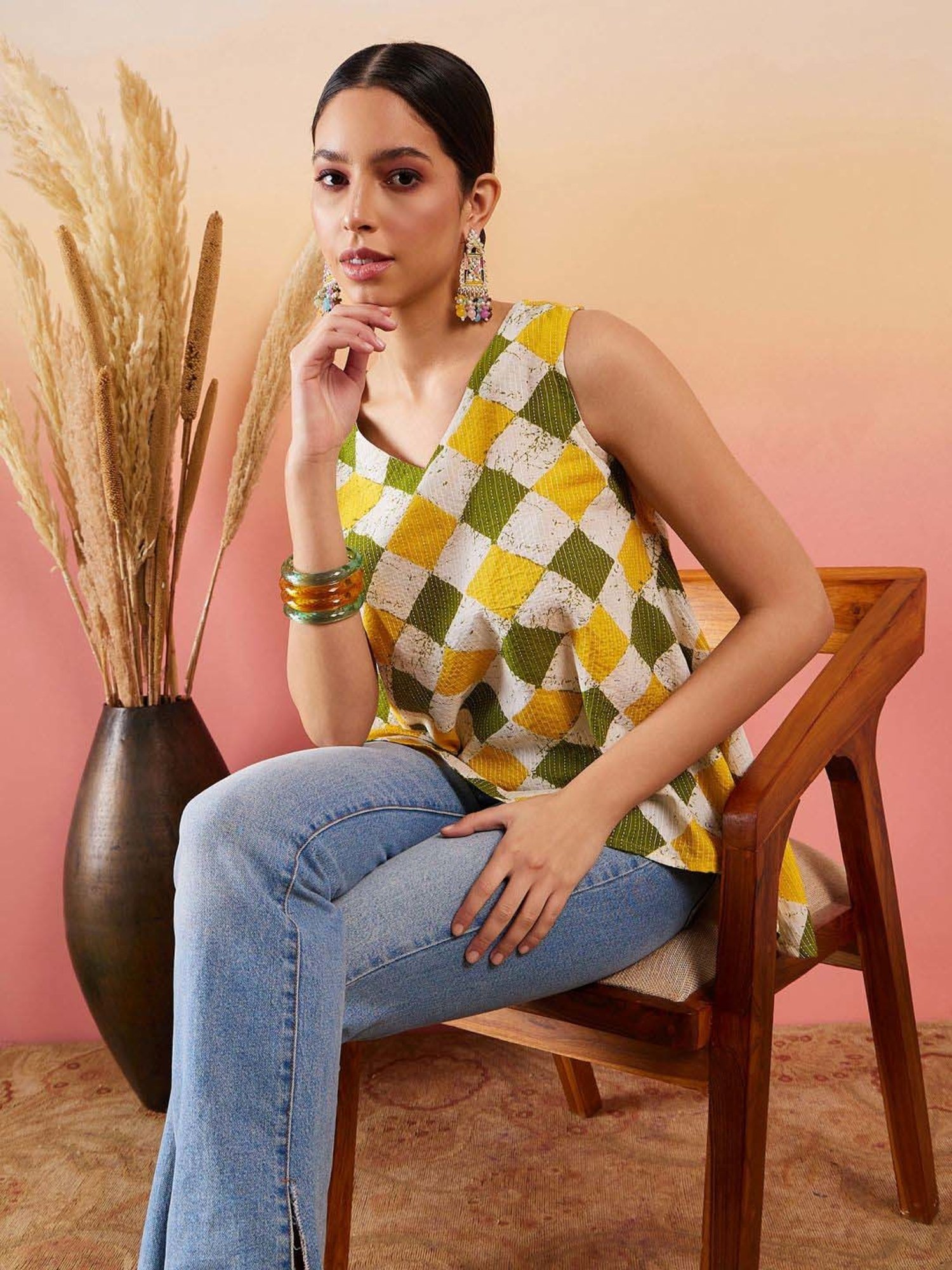 Inweave Yellow & Green Cotton Chequered Top