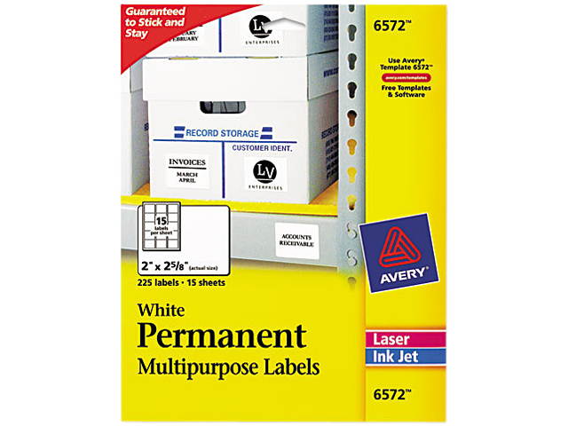 Avery 6572 Permanent ID Laser Labels, 2 x 2-5/8, White, 225/Pack