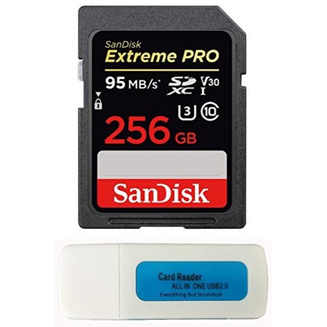 sandisk 256gb extreme pro memory card works with sony fdrax53/b 4k, fdrax100/b video recording camcorder, fdrax33 handycam, a7r ii camera sdxc 4k v30 uhsi with everything but stromboli combo reader