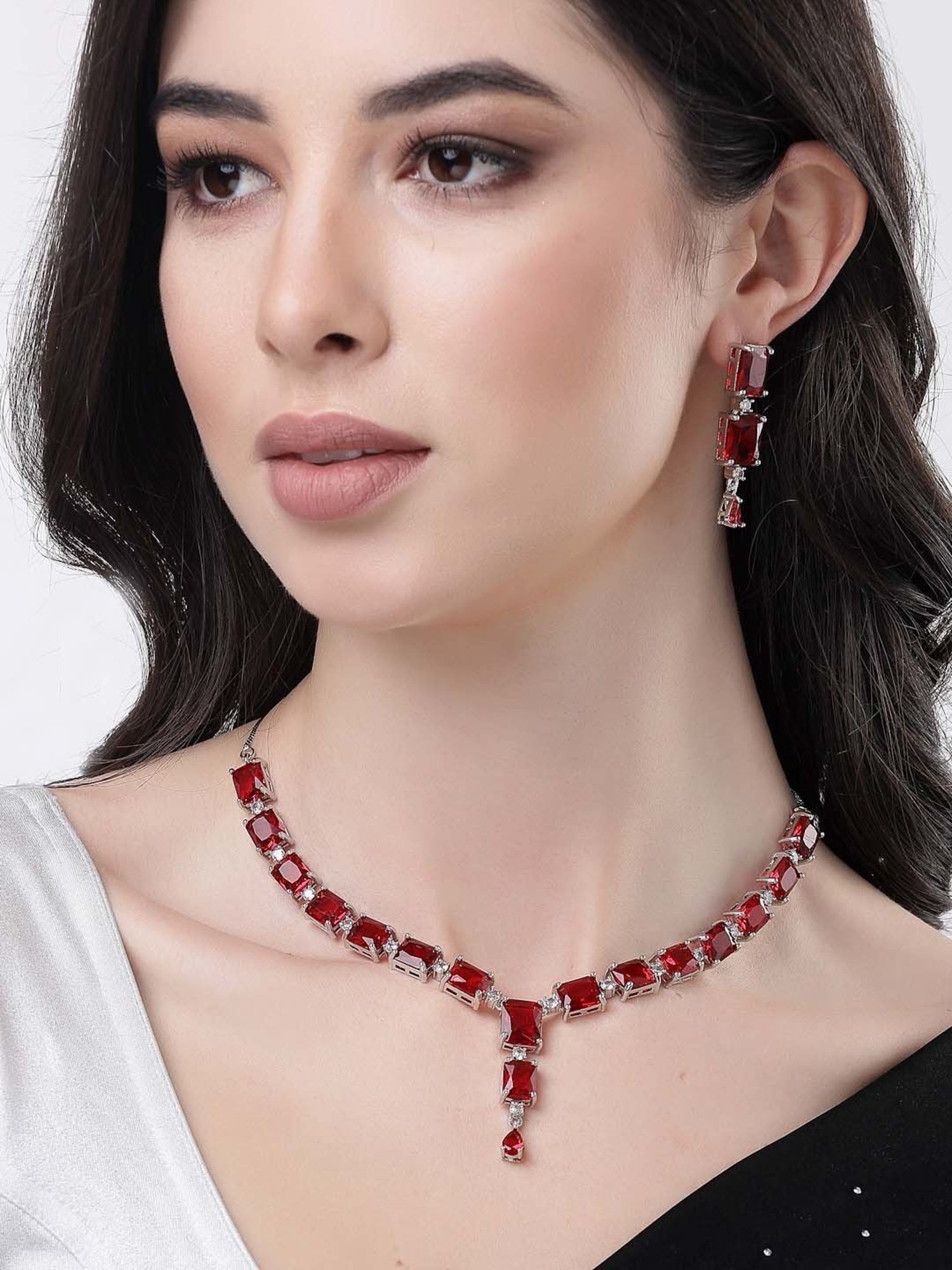 NVR Silver Plated & Maroon CZ Stone Handcrafted Jewellery Set for Women