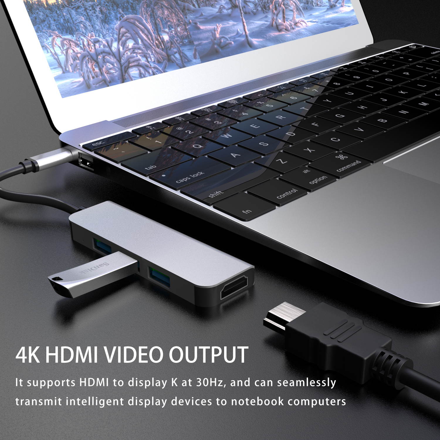 Computer USB converter 4 in 1 hub, HDMI Port Max 4K UHD 3840*2160@30HZ with  3 USB 3.0 Hub Ports up to 5Gbps for data syncing, Suitable for the Mac with TYPE C interface and mouse, card reader,etc.