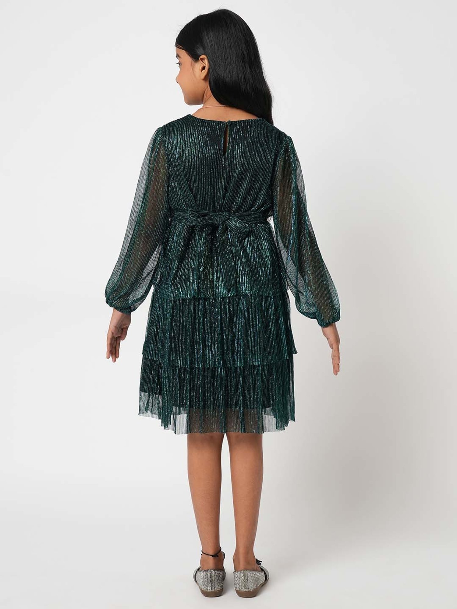 VERO MODA GIRL Anthracite Blue Textured Pattern Full Sleeves Dress