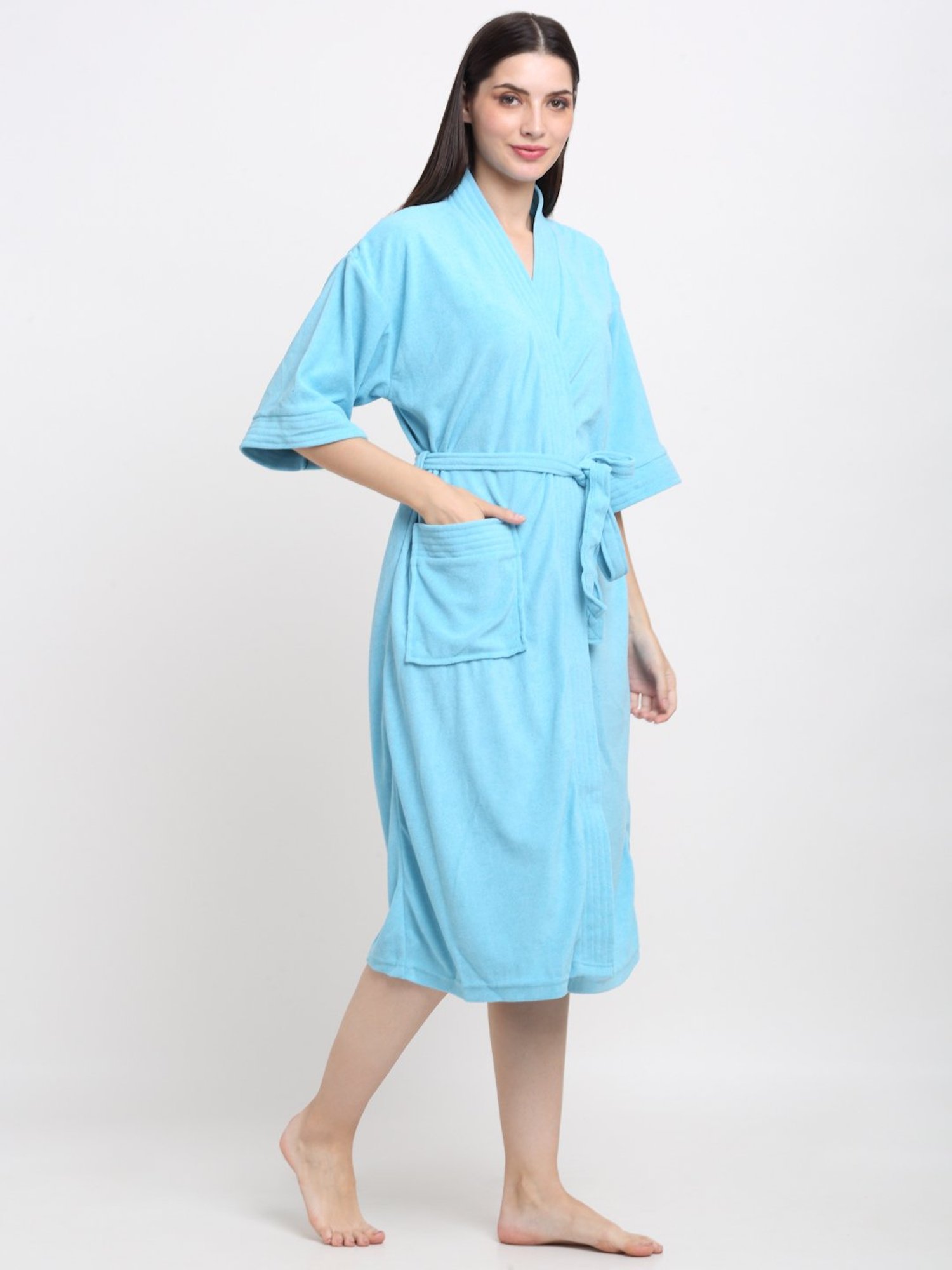Creeva Everyday Ocean Blue 225 GSM Micro Terry Bathrobe with Front Pocket & Kimono Collar