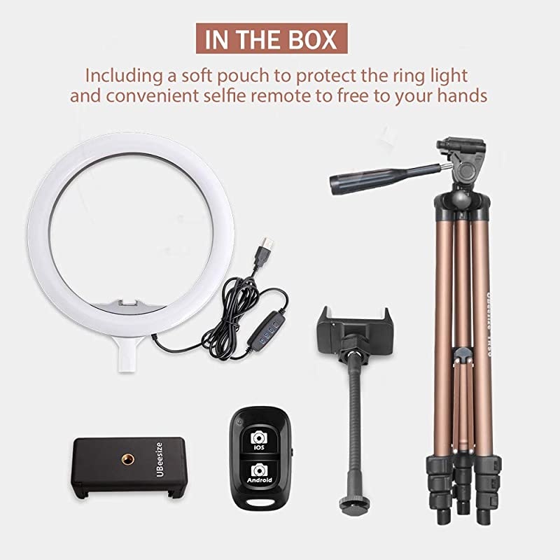 10" Selfie Ring Light with 50" Extendable Tripod Stand & Phone Holder for Live Stream/Makeup, Mini Desktop Led Camera Ringlight for YouTube Video, Compatible with iPhone/Android