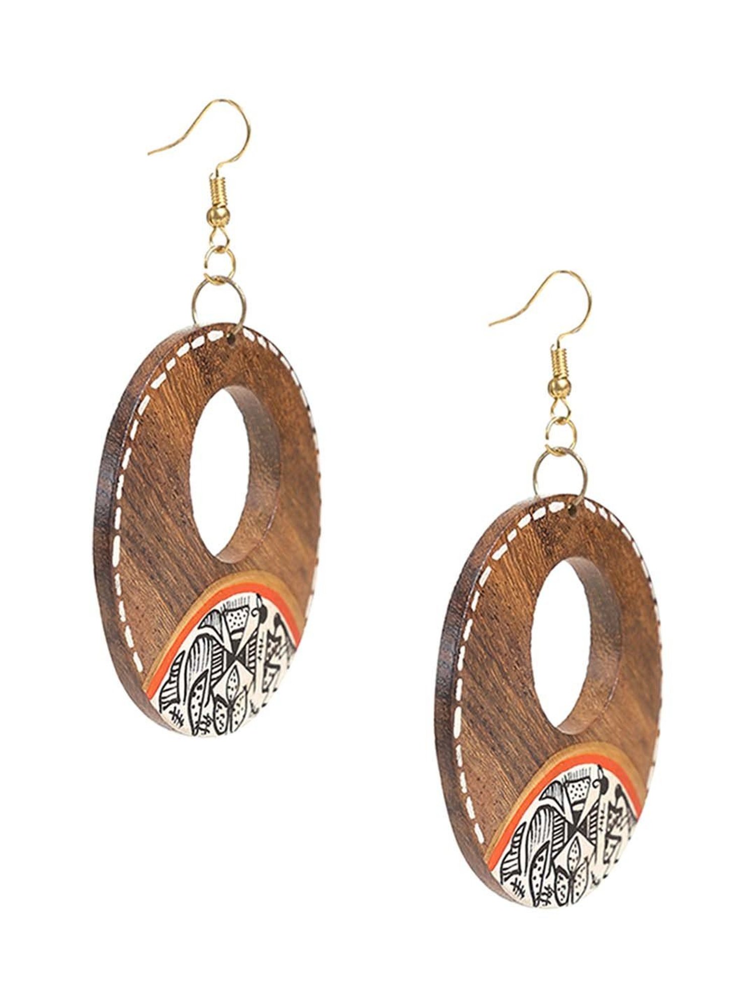 ExclusiveLane 'Tribal Warli Rounds' Brown Earrings in Warli Art (Sheesham Wood)