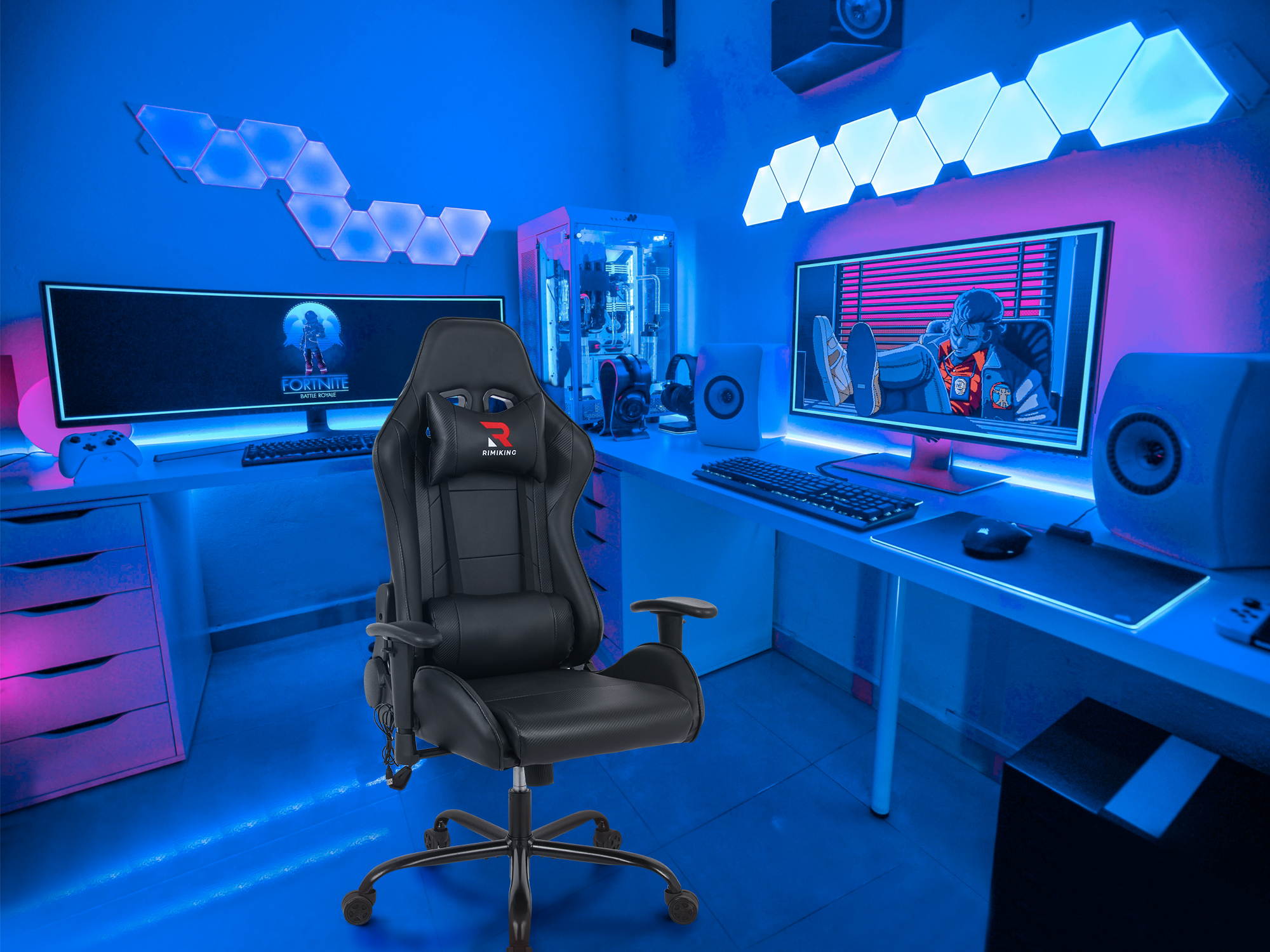 RIMIKING Massage Racing High Back Ergonomic  Computer Gaming Chair  Soft Headrest&Backrest Desk Chair Swivel Adjustable Armrest  Office Chair