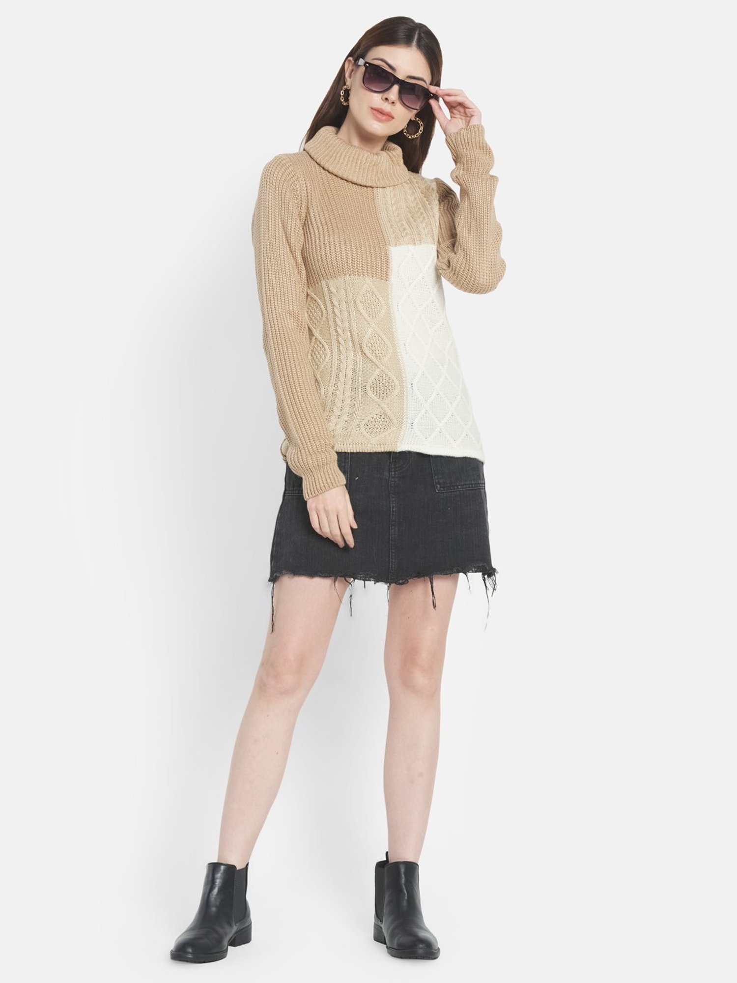 METTLE Beige & White Color Block Pattern Pullover