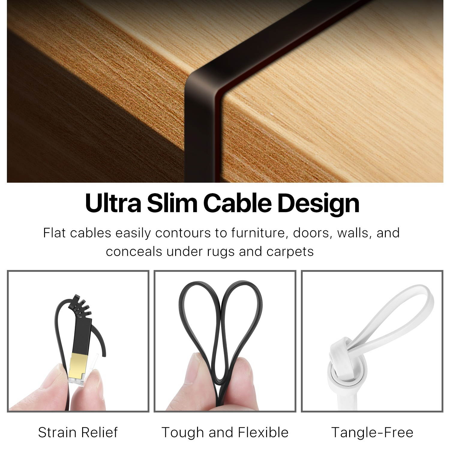 Cat7 Shielded Ethernet Flat Patch Network Cable 50 ft - 10Gbps 600Mhz High Performance with Snagless RJ45 Connectors Gold Plated Plug S/STP Wires Networking Cable Wiring Black