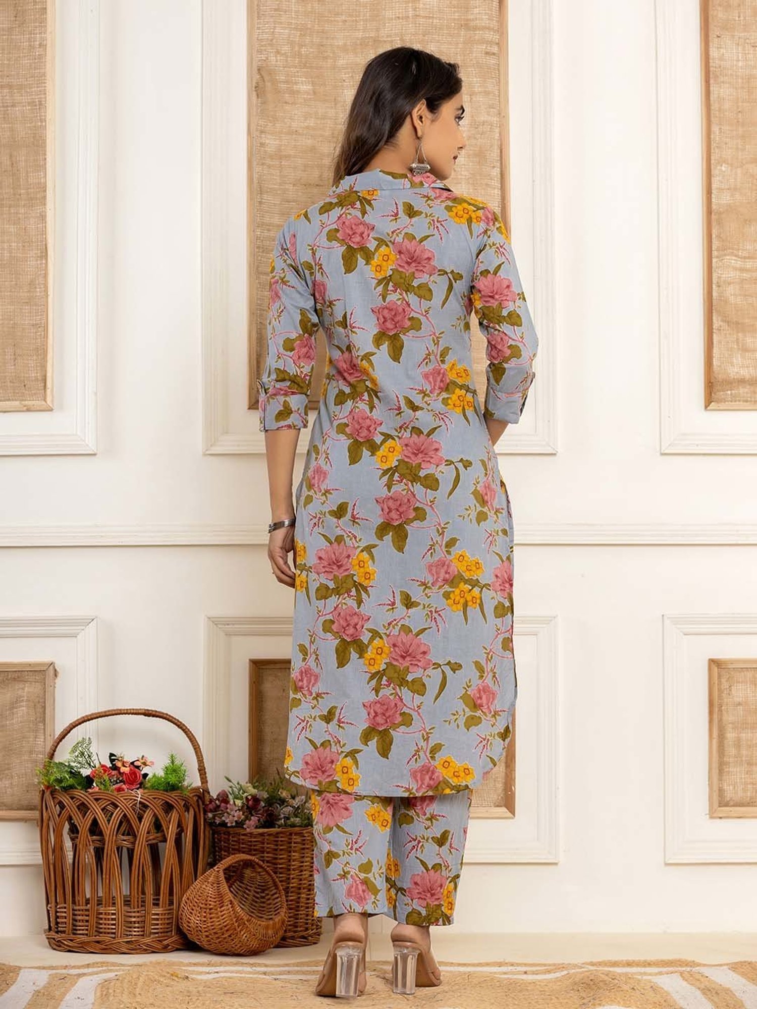 Yufta Blue Cotton Printed Kurta Pant Set