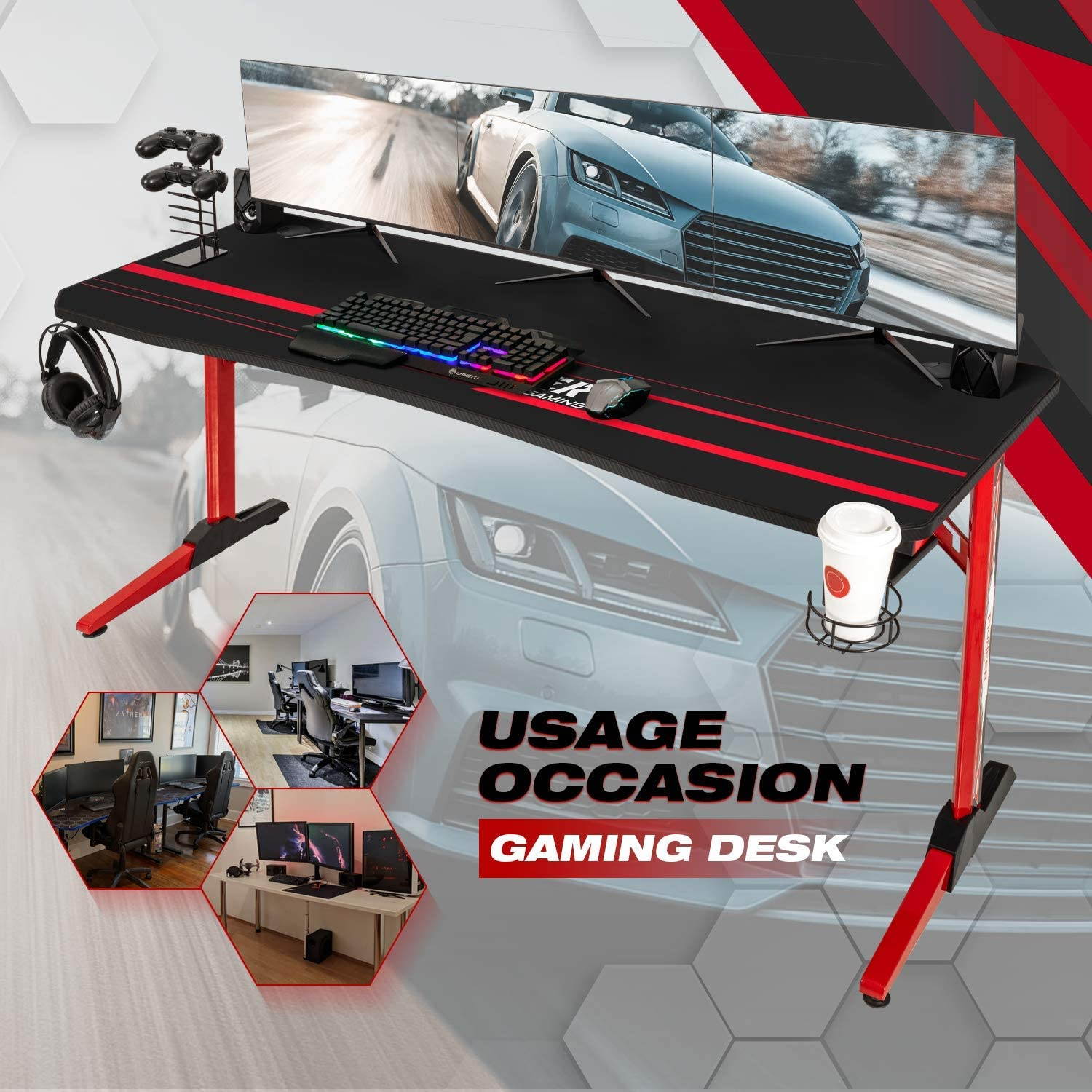 Devoko 63 Inch Gaming Desk T-Shaped PC Computer Table with Free Mouse Pad Carbon Fibre Surface Home Office Desk Gamer Table with Game Handle Rack Headphone Hook and Cup Holder (Red)