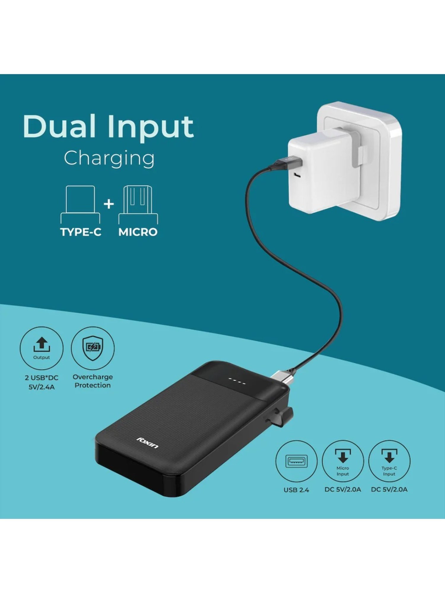 Foxin FPB 248 Poly 20000mAh Power Bank with Micro-USB & Type C input Port (Midnight Black)