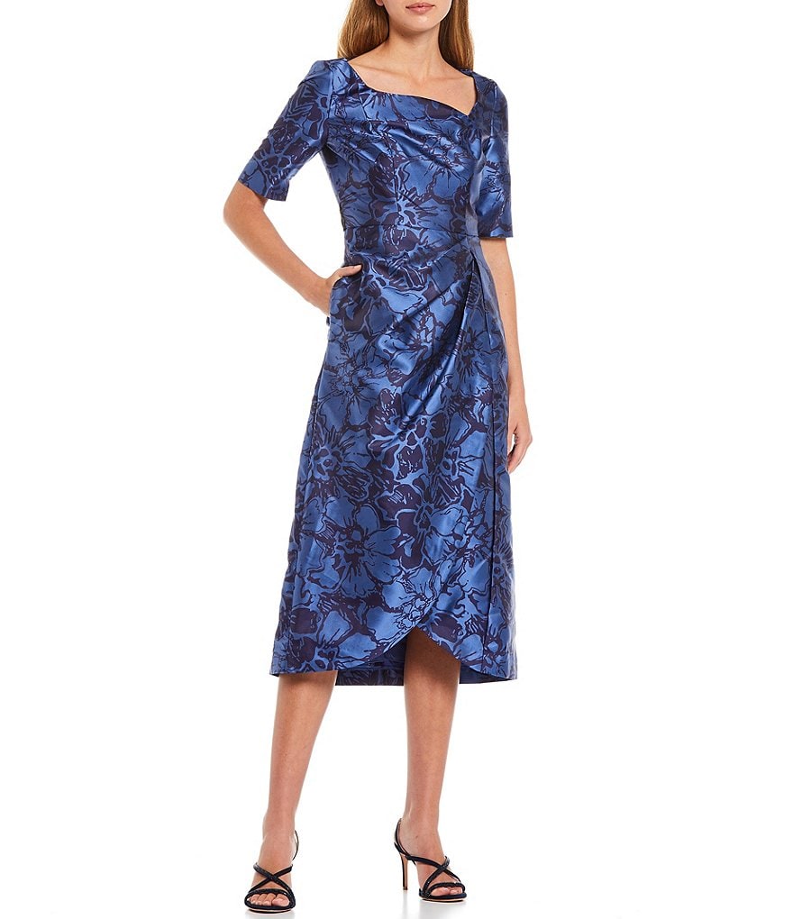 Kay Unger Long Bishop Sleeve V-Neck Crepe A-Line Dress