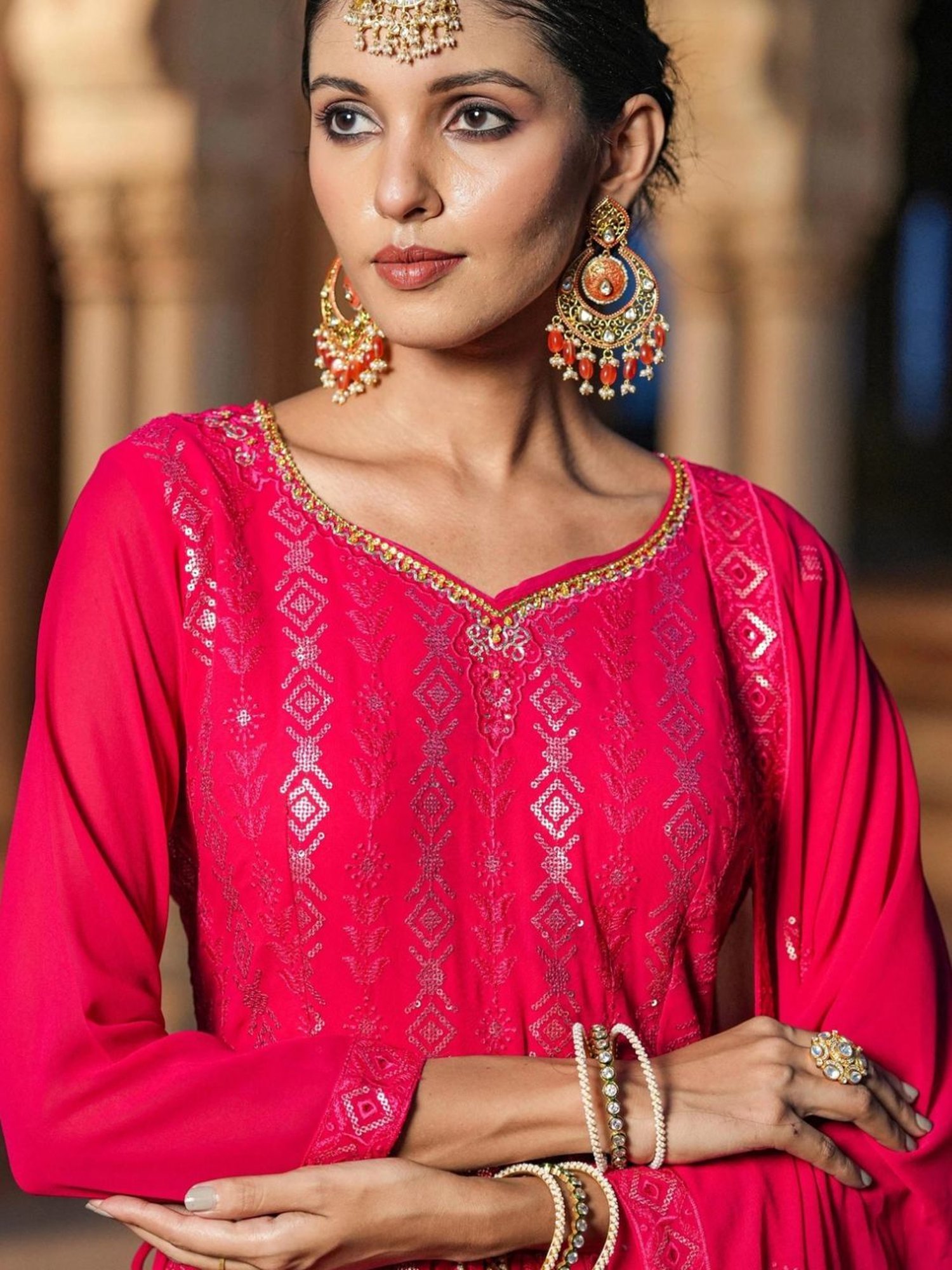 Scakhi Red Georgette Sequin Embroidered Suit Set Tunic With Palazzo And Dupatta