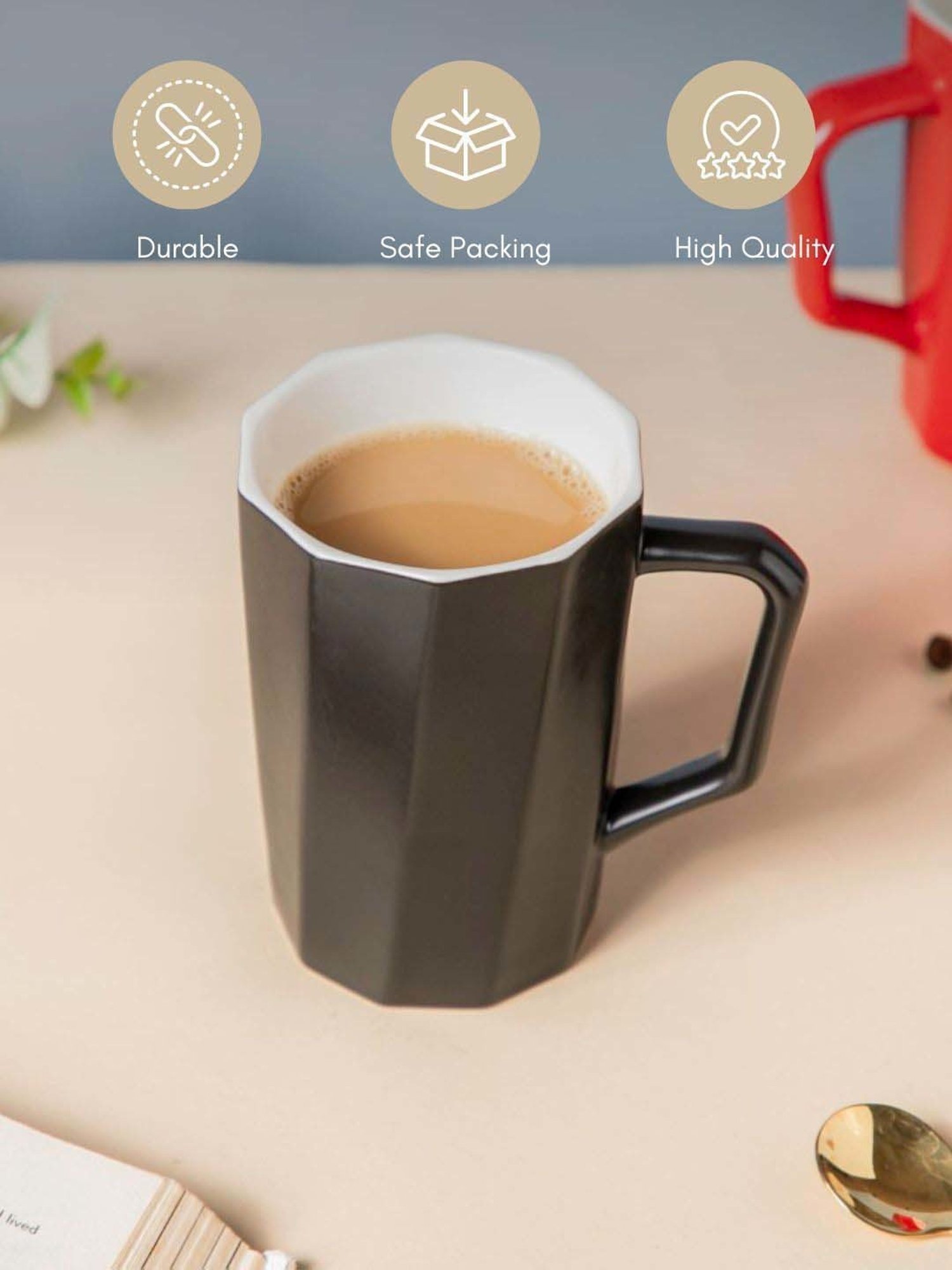 Nestasia Premium Quality Microwave Safe Matt Black & White Ribbed Ceramic Mug, 350ml