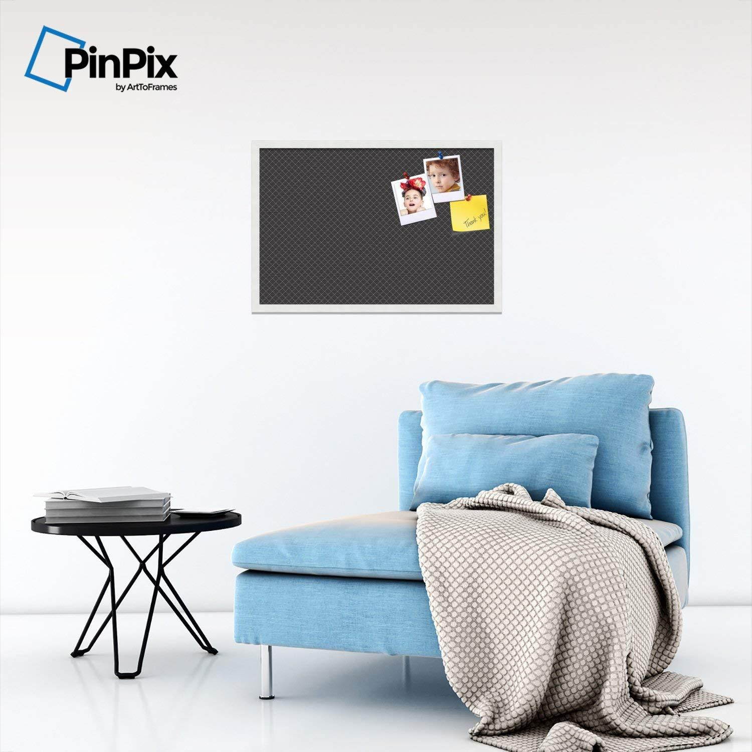 PinPix decorative pin cork bulletin board made from canvas, Sophisticated Diamond Design 30 x 20 Inches (Completed Size) and framed in Satin White Frame (PinPix-120)