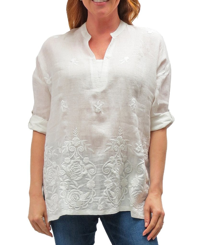 Karyn Seo Split V-Neck Linen 3/4 Sleeve Embroidered Tunic