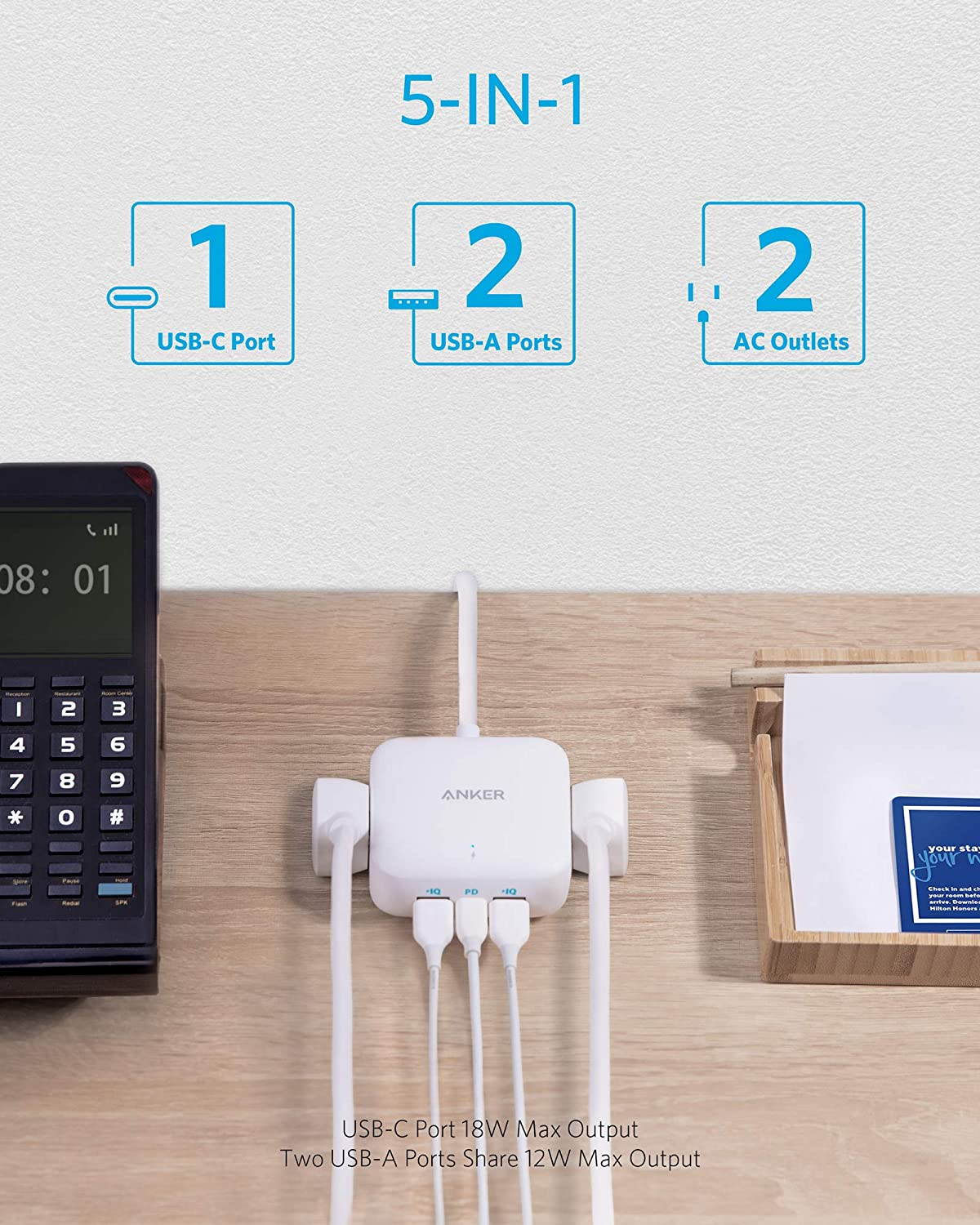 Anker Power Strip with USB C, Power Delivery Travel Power Strip, 30W PowerPort Strip PD 2 Mini with 2 Outlets & 3 USB (18W USB C), 5 ft Cord, Flat Plug, for Hotel, Dorm Room, and Home (White_Cable)