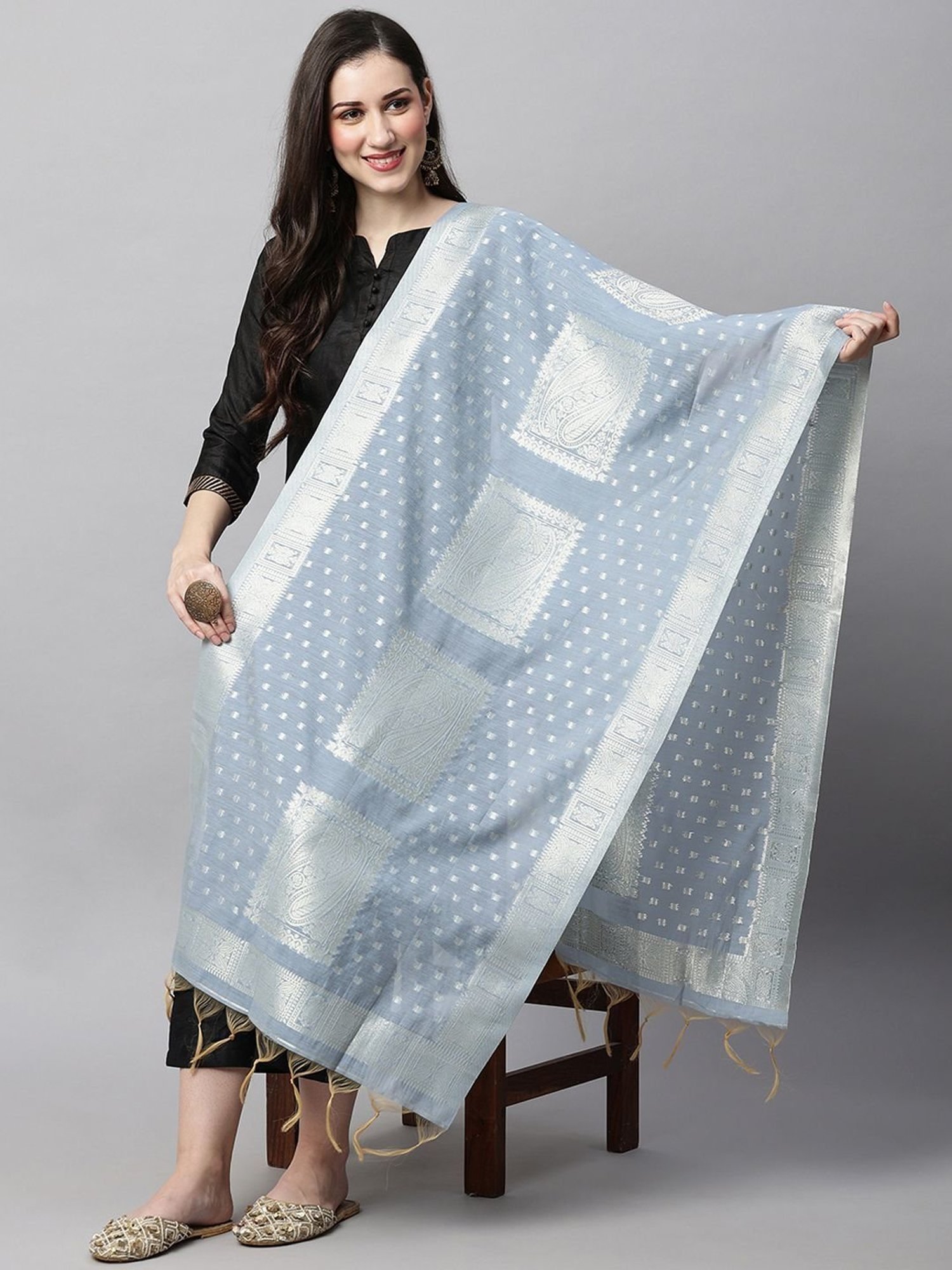 Indo Era Blue Woven Pattern Dupatta